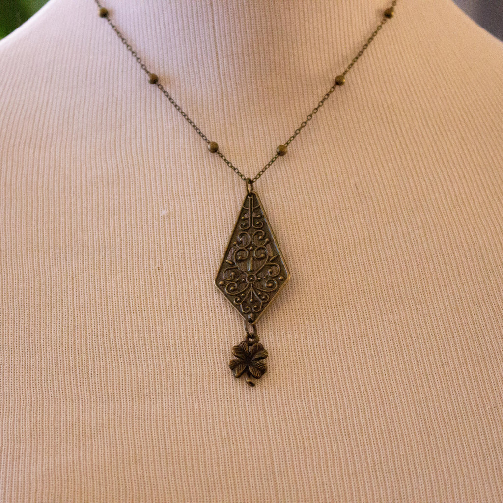 Vintage-Inspired Bronze Filigree Clover Pendant Necklace - Art Nouveau, Boho, Gothic, Lucky Charm Jewelry