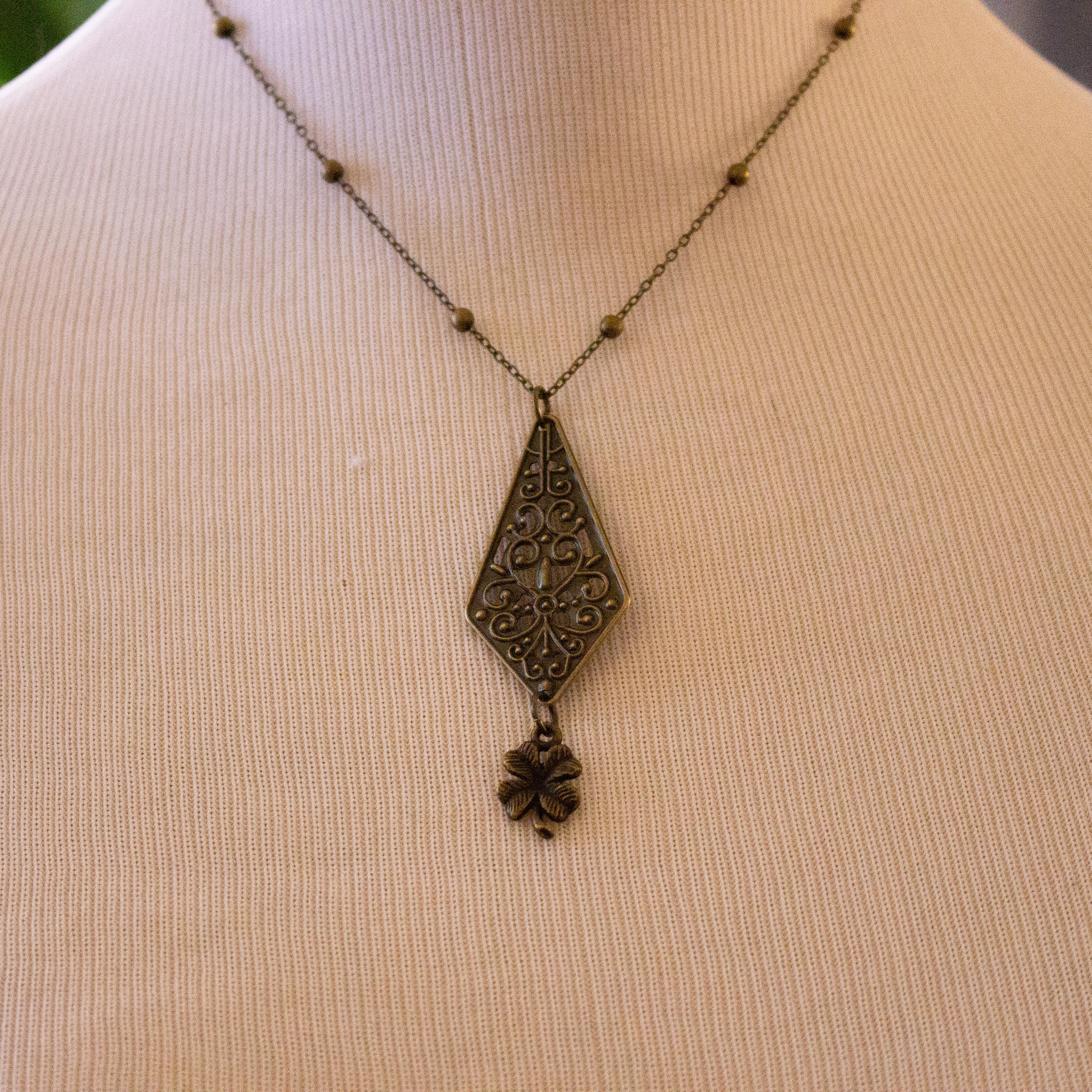 Vintage-Inspired Bronze Filigree Clover Pendant Necklace - Art Nouveau, Boho, Gothic, Lucky Charm Jewelry