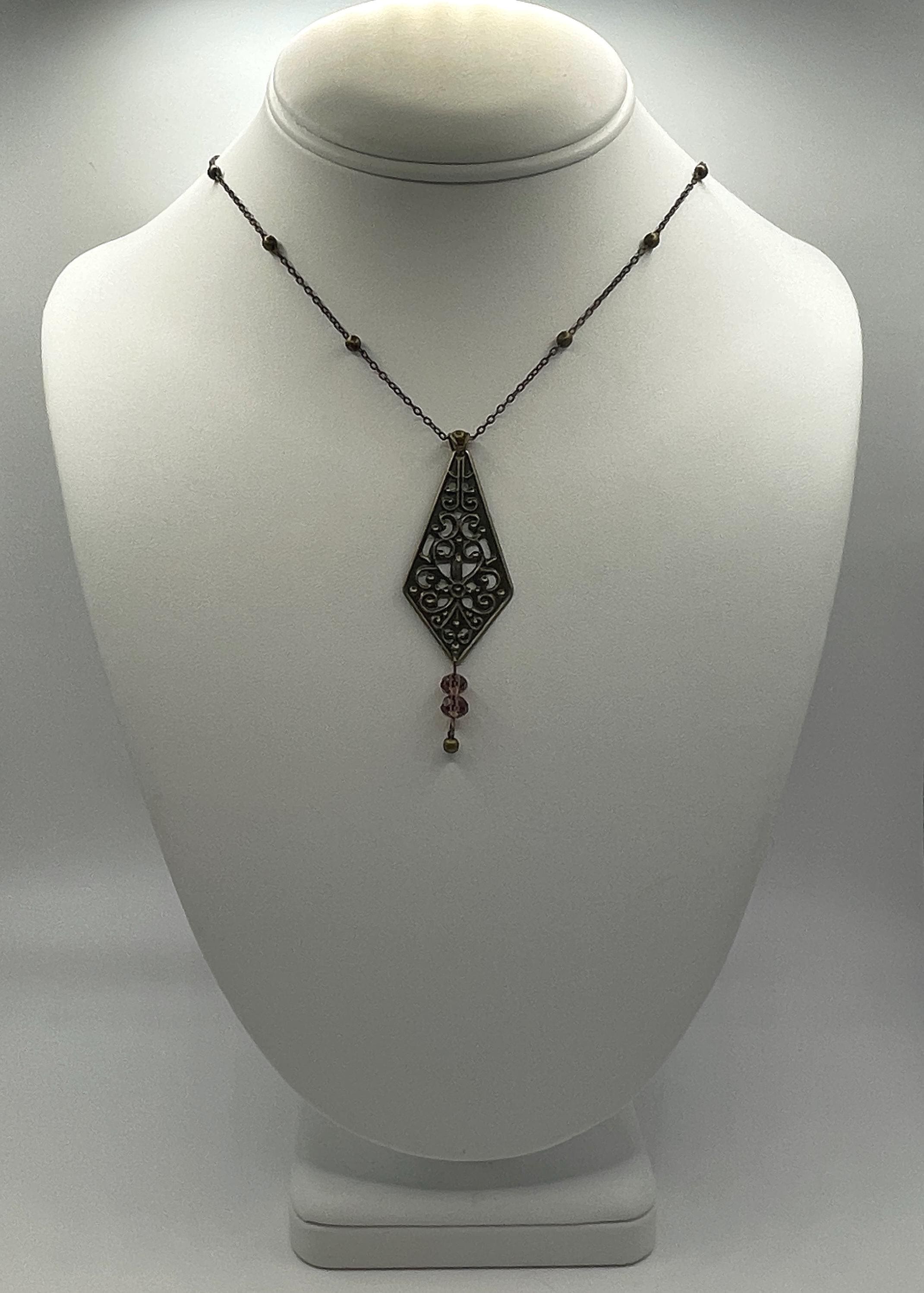 Vintage Inspired Art Nouveau Bronze Filigree Pendant Purple Bead Drop Necklace