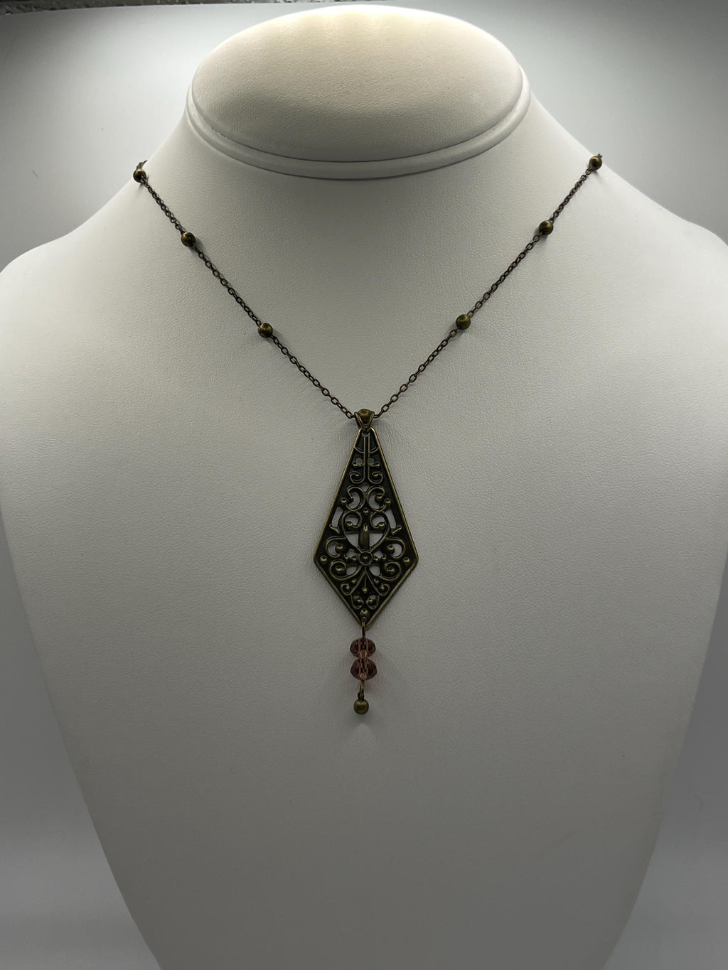 Vintage Inspired Art Nouveau Bronze Filigree Pendant Purple Bead Drop Necklace