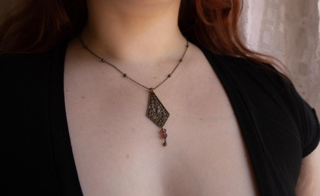 Vintage Inspired Art Nouveau Bronze Filigree Pendant Purple Bead Drop Necklace