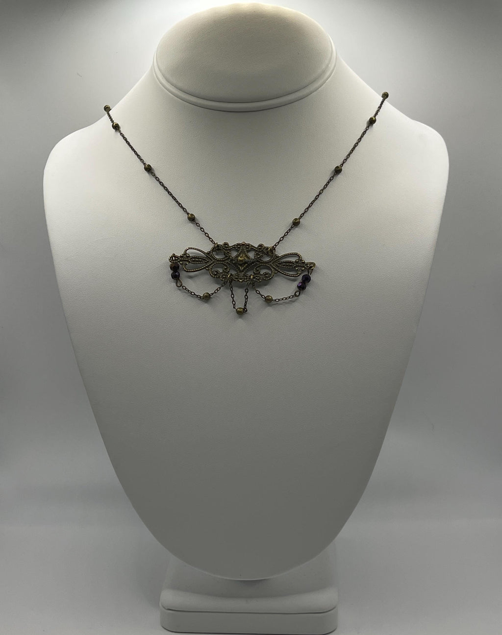 Vintage-Inspired Art Nouveau Necklace • Dark Bronze Filigree Pendant with Delicate Chains & Purple Beads