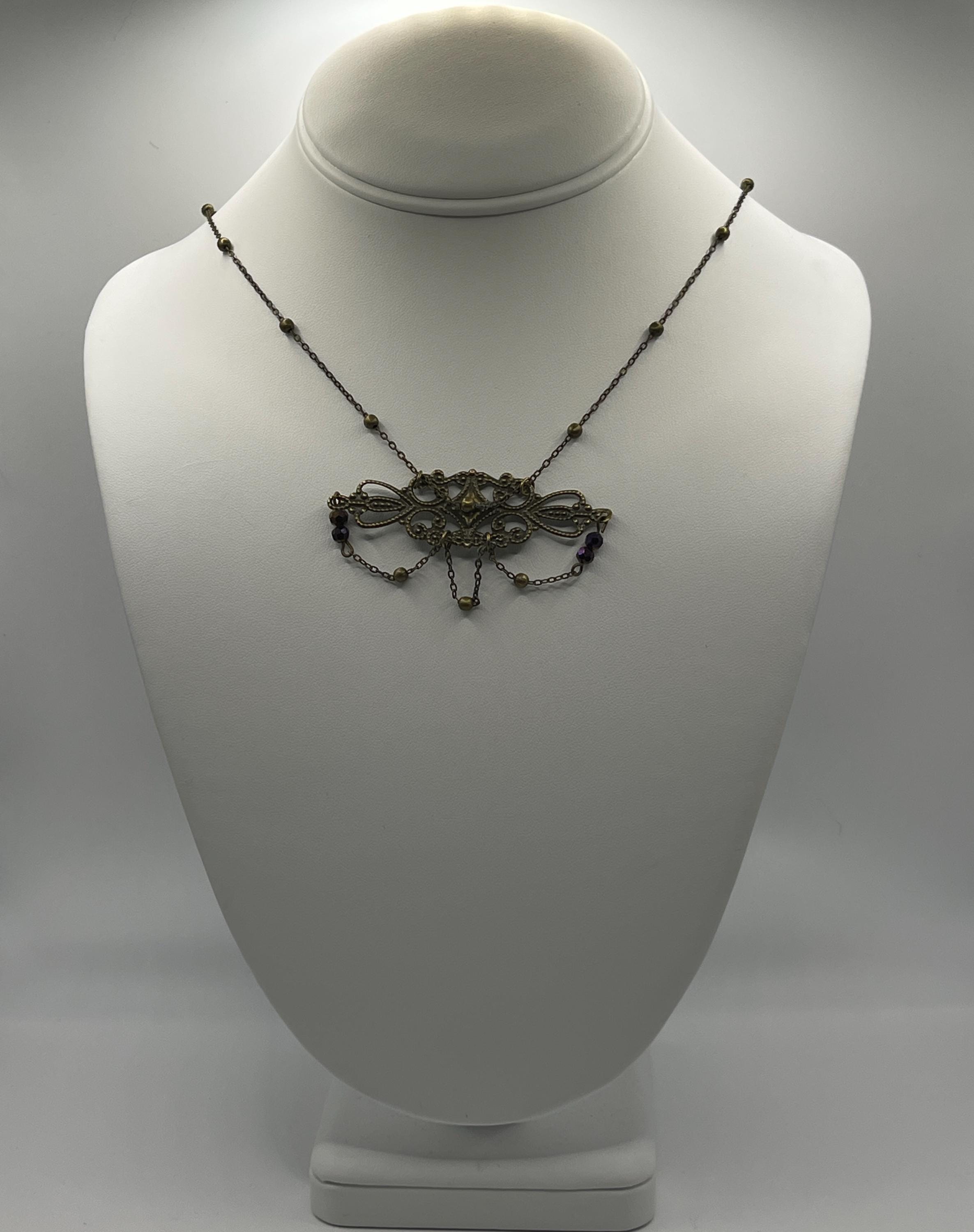 Vintage-Inspired Art Nouveau Necklace • Dark Bronze Filigree Pendant with Delicate Chains & Purple Beads