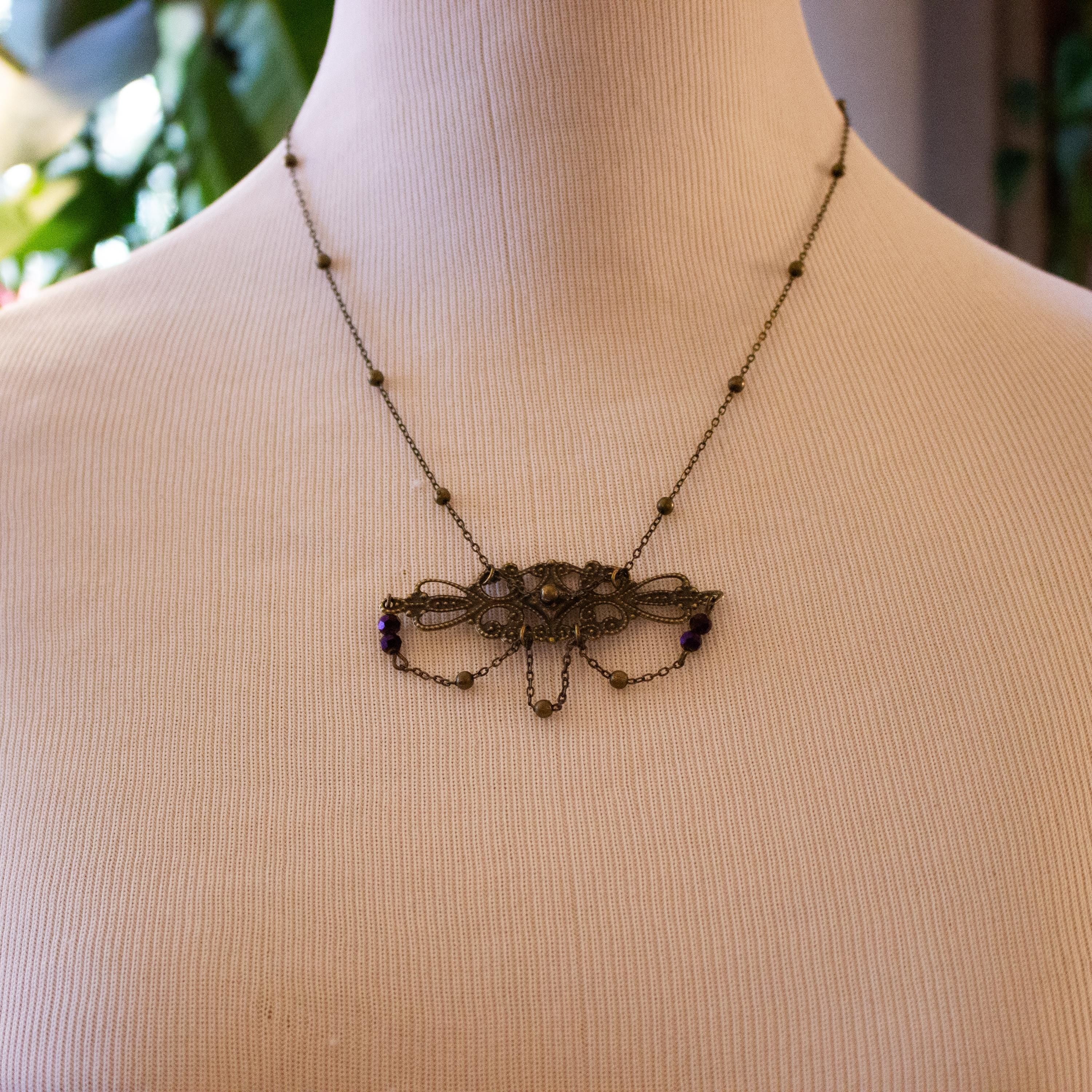 Vintage-Inspired Art Nouveau Necklace • Dark Bronze Filigree Pendant with Delicate Chains & Purple Beads