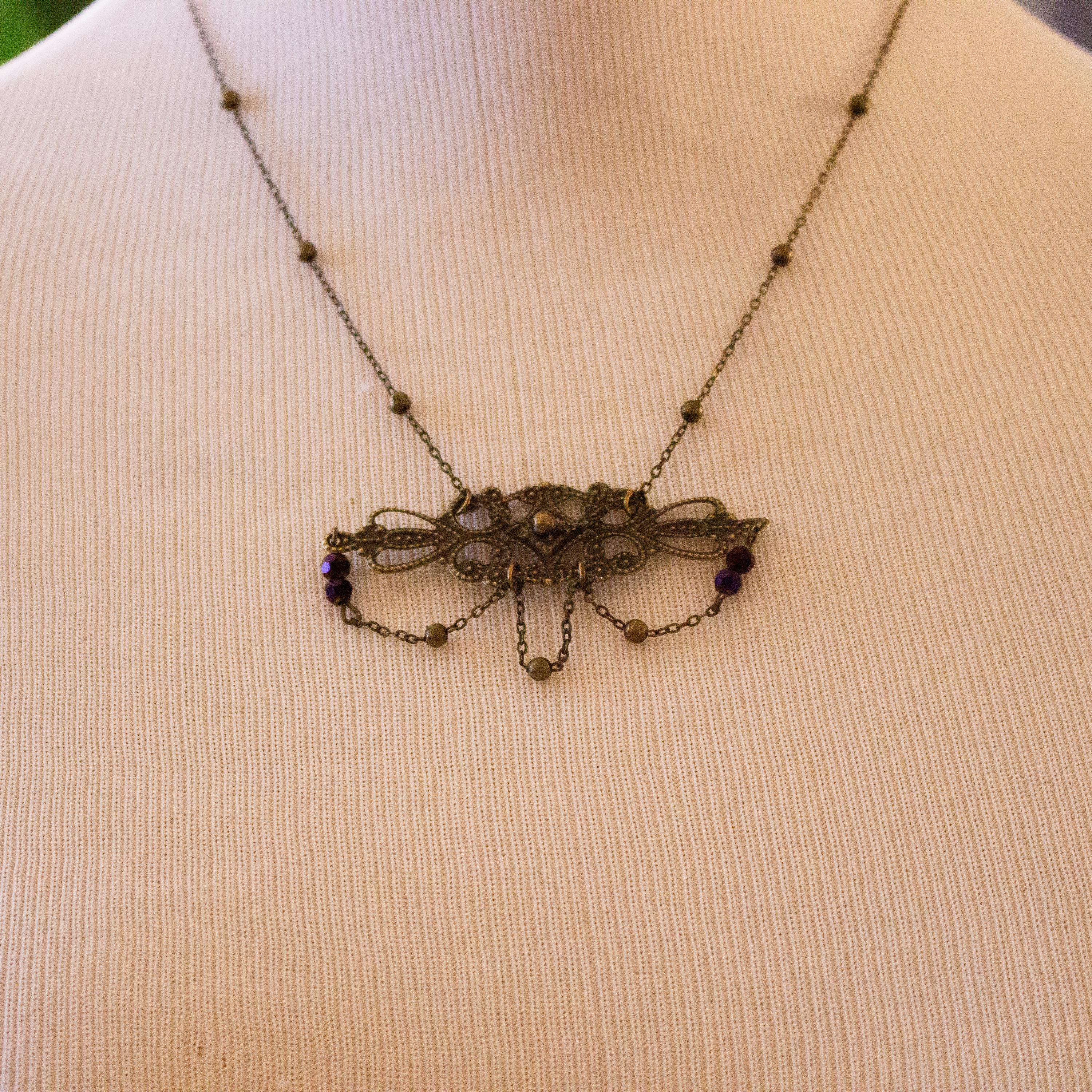 Vintage-Inspired Art Nouveau Necklace • Dark Bronze Filigree Pendant with Delicate Chains & Purple Beads