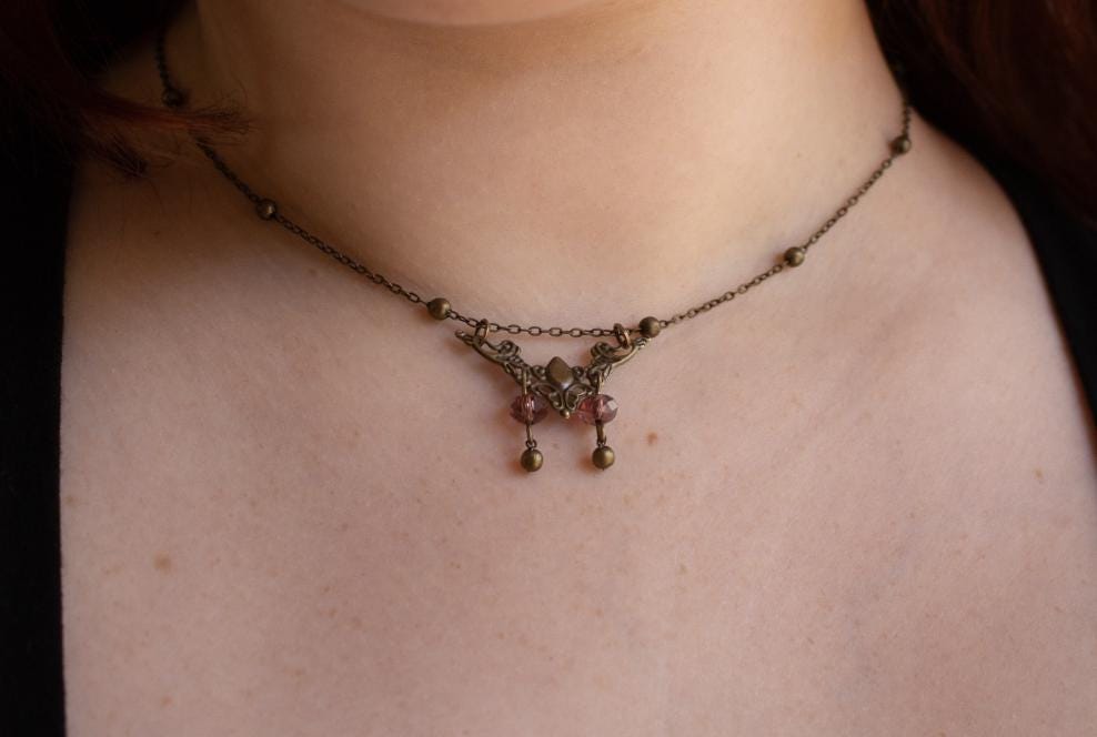 Vintage Inspired Art Nouveau Small Bronze Filigree Pendant Purple Bead Necklace