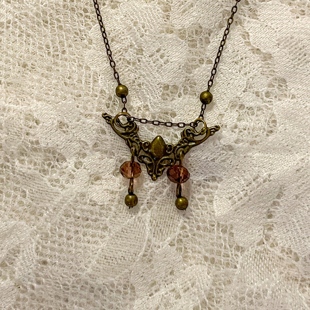 Vintage Inspired Art Nouveau Small Bronze Filigree Pendant Purple Bead Necklace