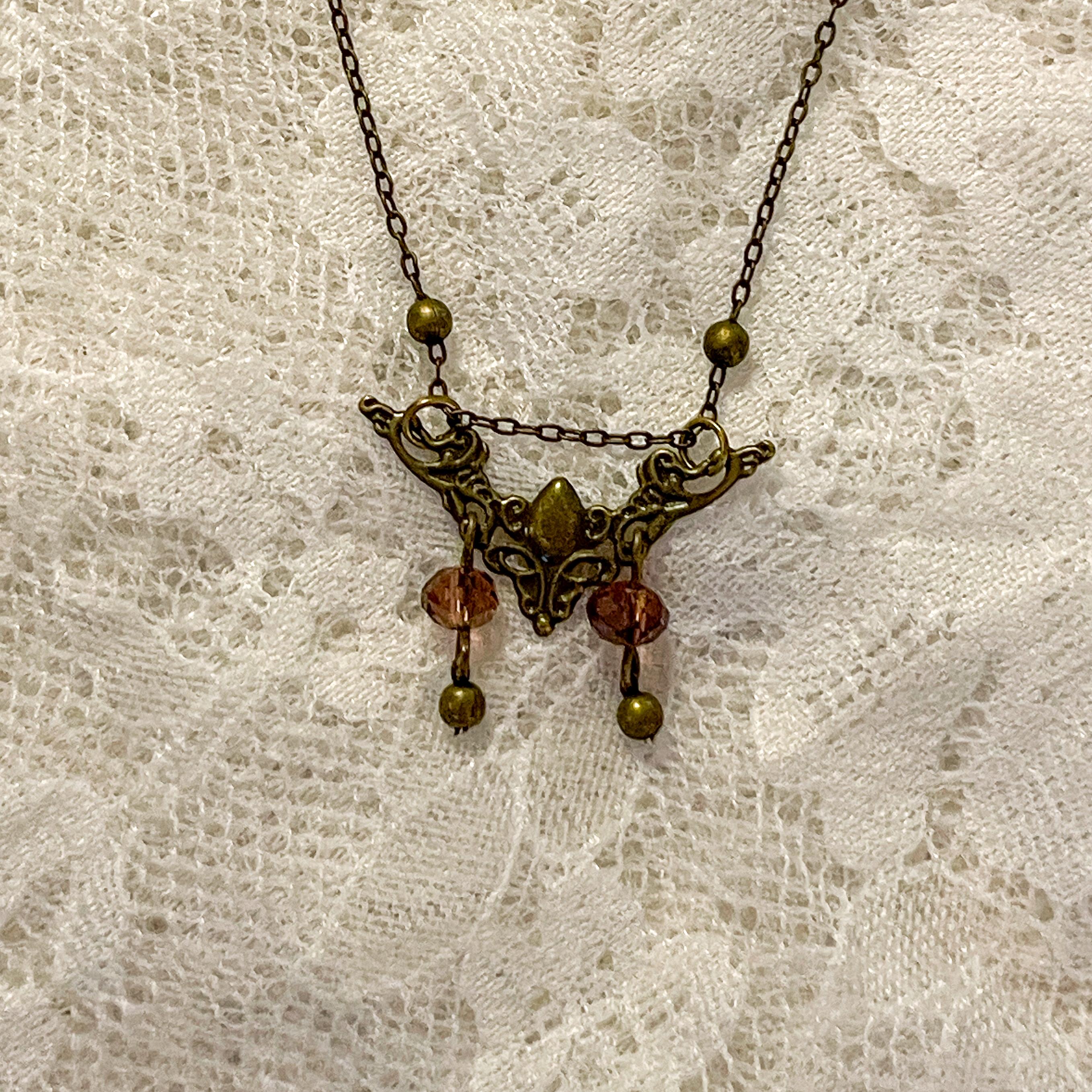 Vintage Inspired Art Nouveau Small Bronze Filigree Pendant Purple Bead Necklace