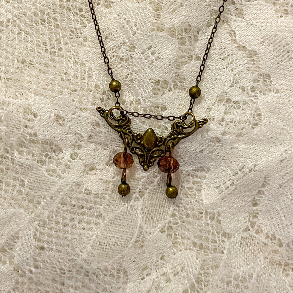 Vintage Inspired Art Nouveau Small Bronze Filigree Pendant Purple Bead Necklace