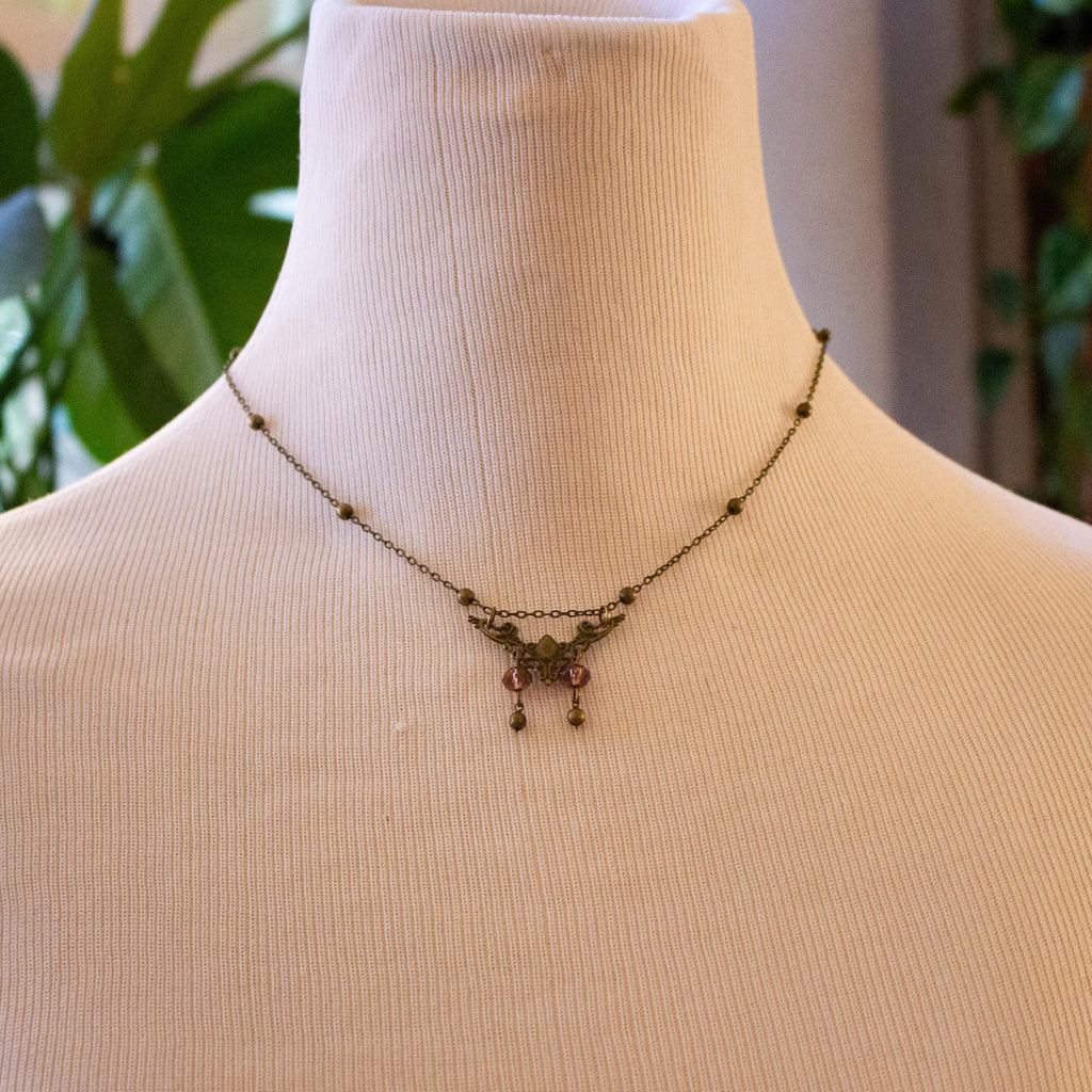Vintage Inspired Art Nouveau Small Bronze Filigree Pendant Purple Bead Necklace