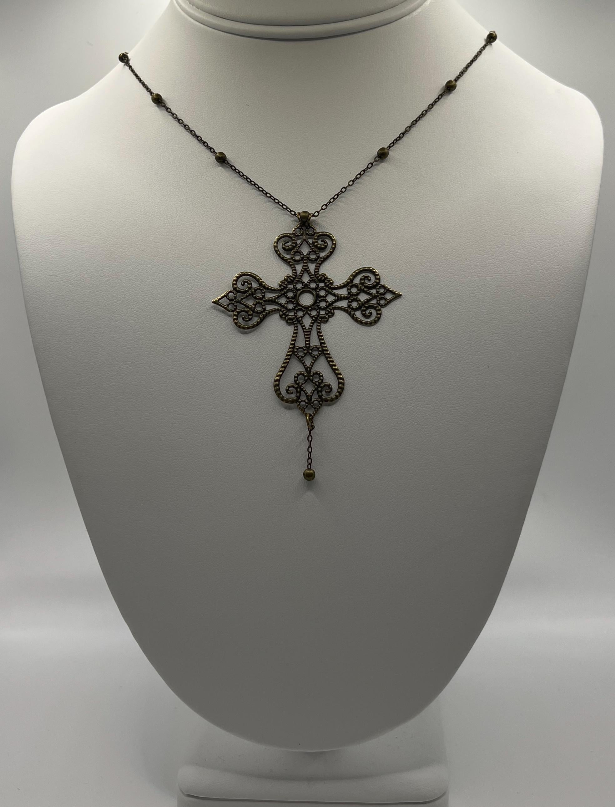 Vintage Art Nouveau Inspired Bronze Filigree Cross with Gold Chain Bead Drop Necklace