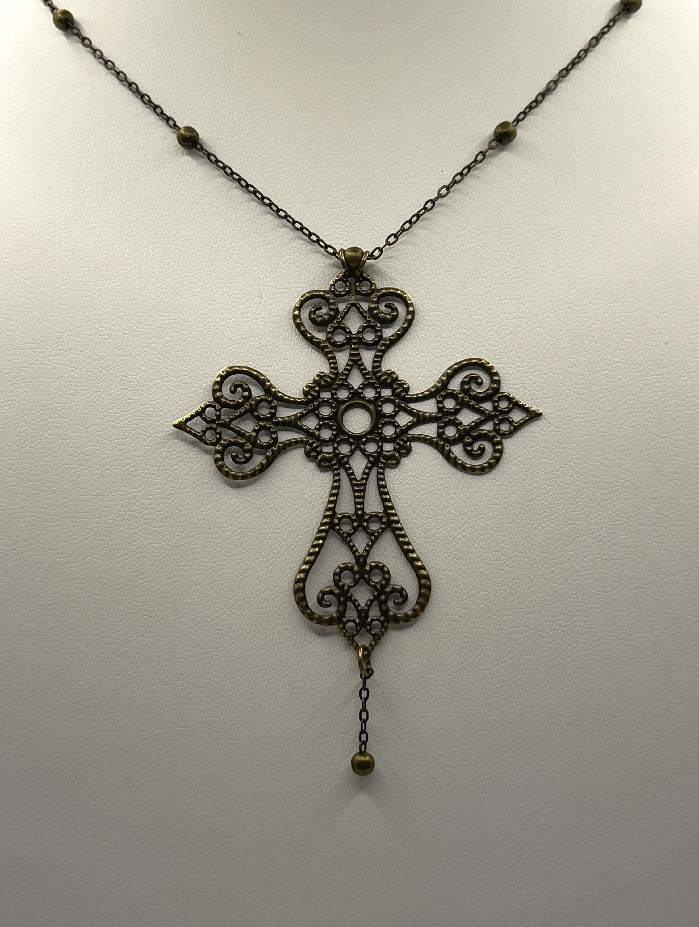 Vintage Art Nouveau Inspired Bronze Filigree Cross with Gold Chain Bead Drop Necklace