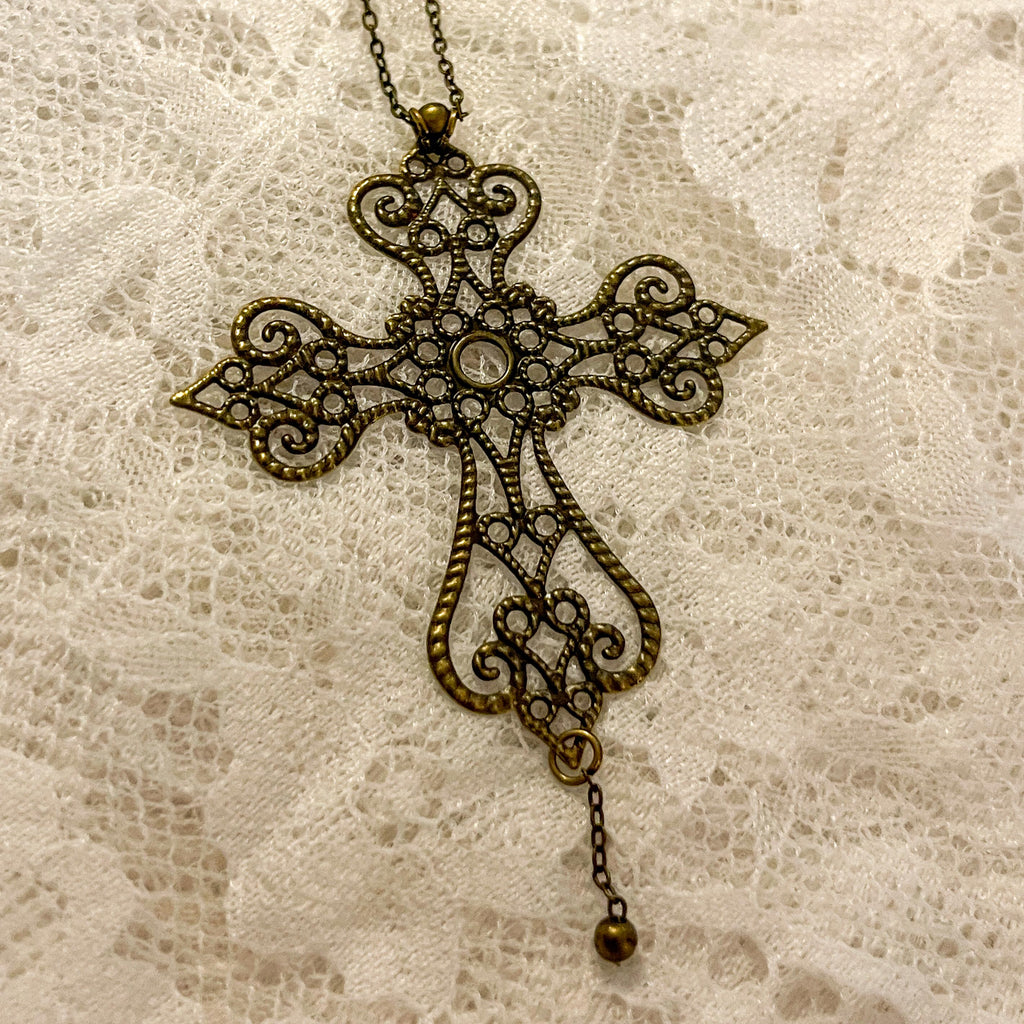 Vintage Art Nouveau Inspired Bronze Filigree Cross with Gold Chain Bead Drop Necklace