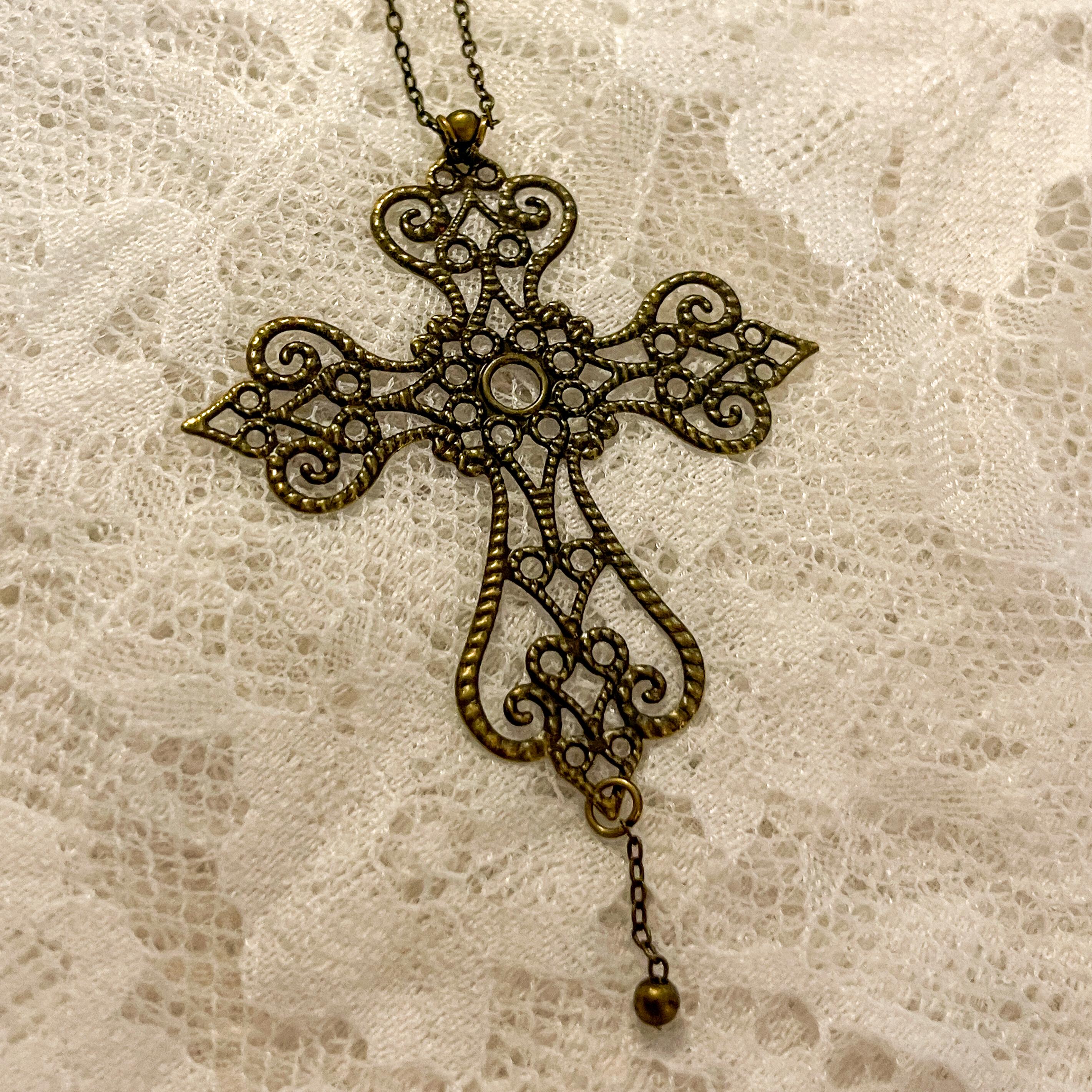 Vintage Art Nouveau Inspired Bronze Filigree Cross with Gold Chain Bead Drop Necklace
