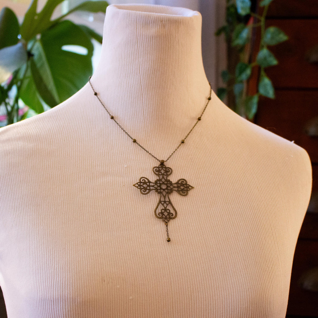 Vintage Art Nouveau Inspired Bronze Filigree Cross with Gold Chain Bead Drop Necklace