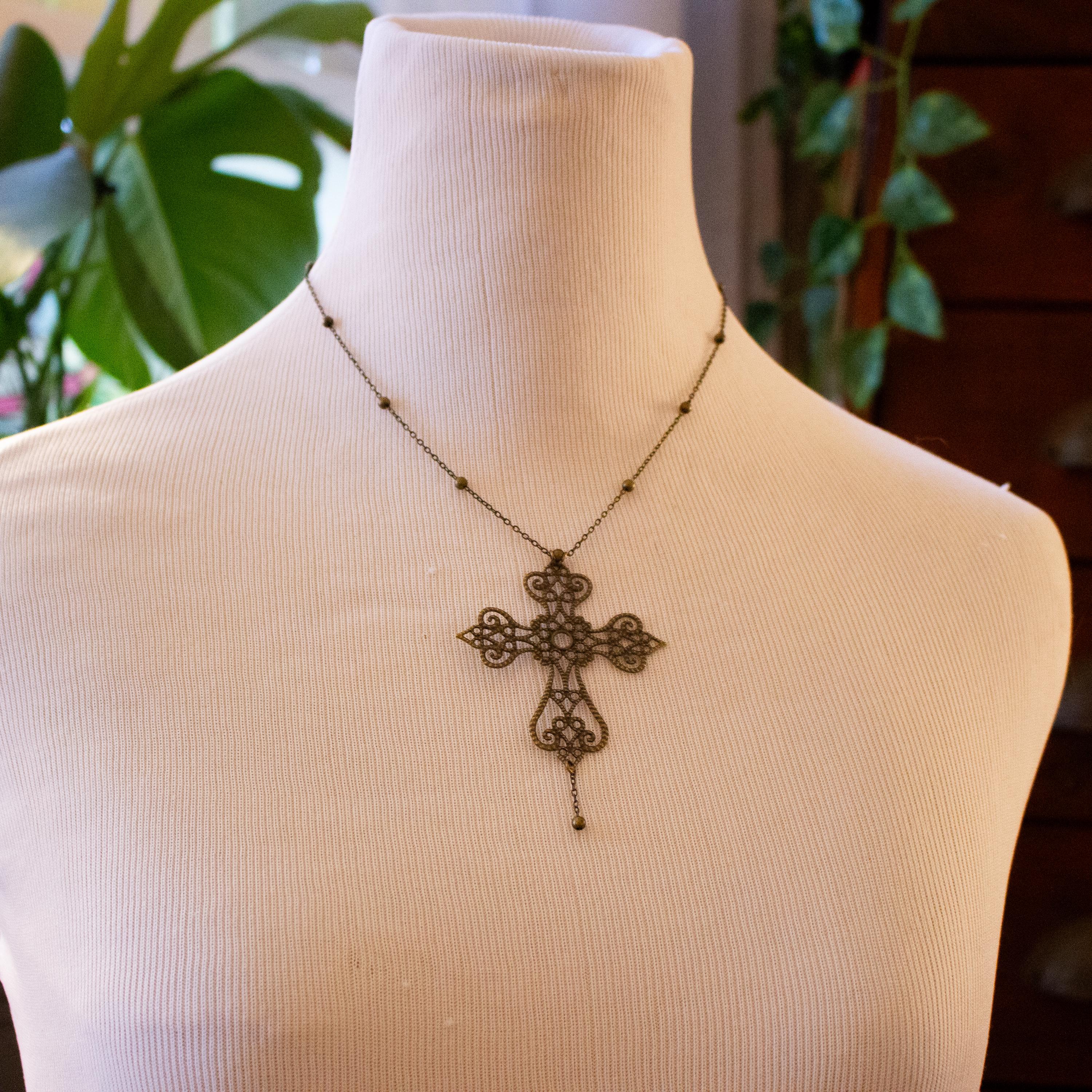 Vintage Art Nouveau Inspired Bronze Filigree Cross with Gold Chain Bead Drop Necklace