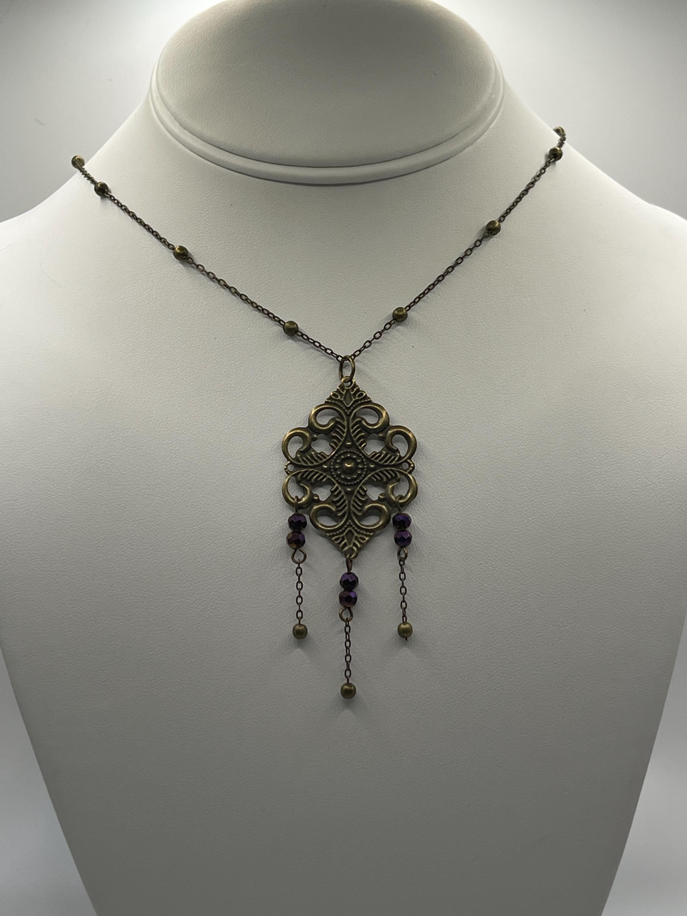 Vintage Art Nouveau Inspired Floral Filigree Bronze Necklace with Three Chain Multicolored Reflective Beaded Drops