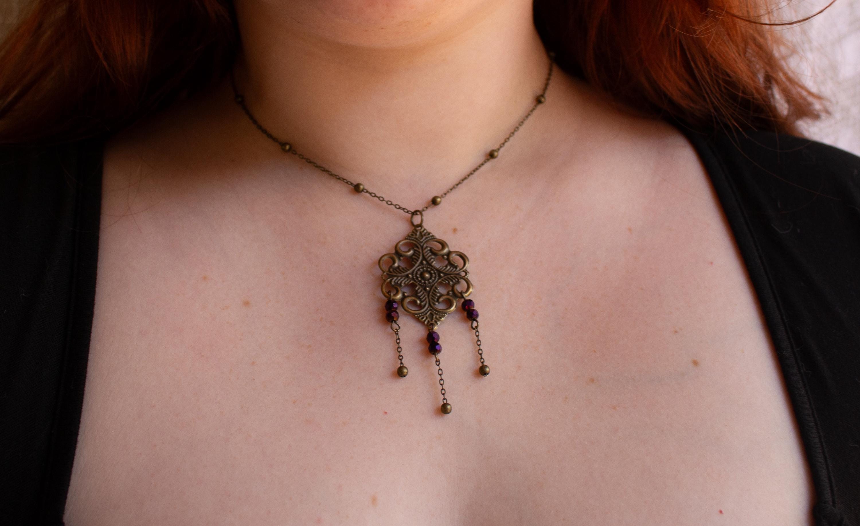 Vintage Art Nouveau Inspired Floral Filigree Bronze Necklace with Three Chain Multicolored Reflective Beaded Drops