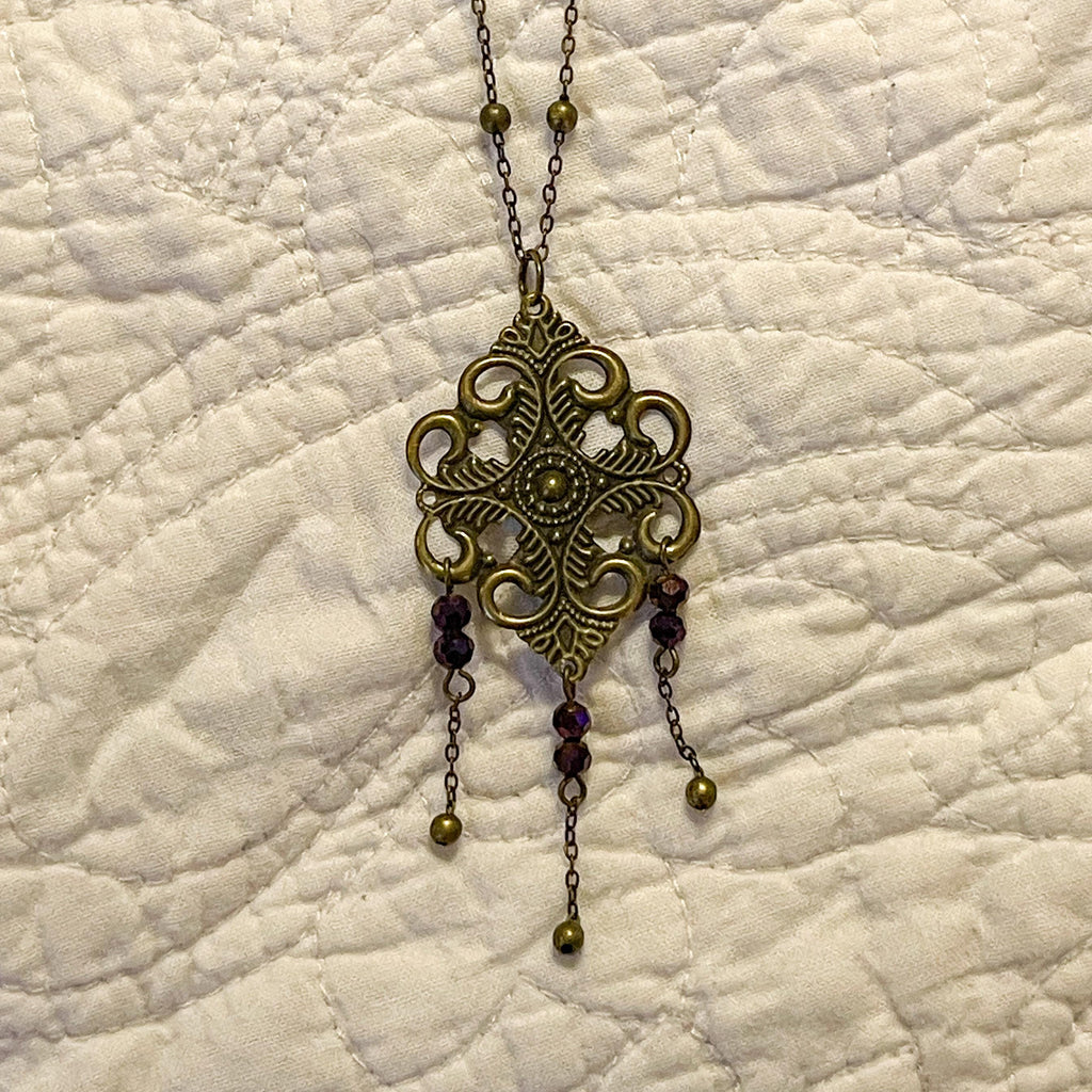 Vintage Art Nouveau Inspired Floral Filigree Bronze Necklace with Three Chain Multicolored Reflective Beaded Drops