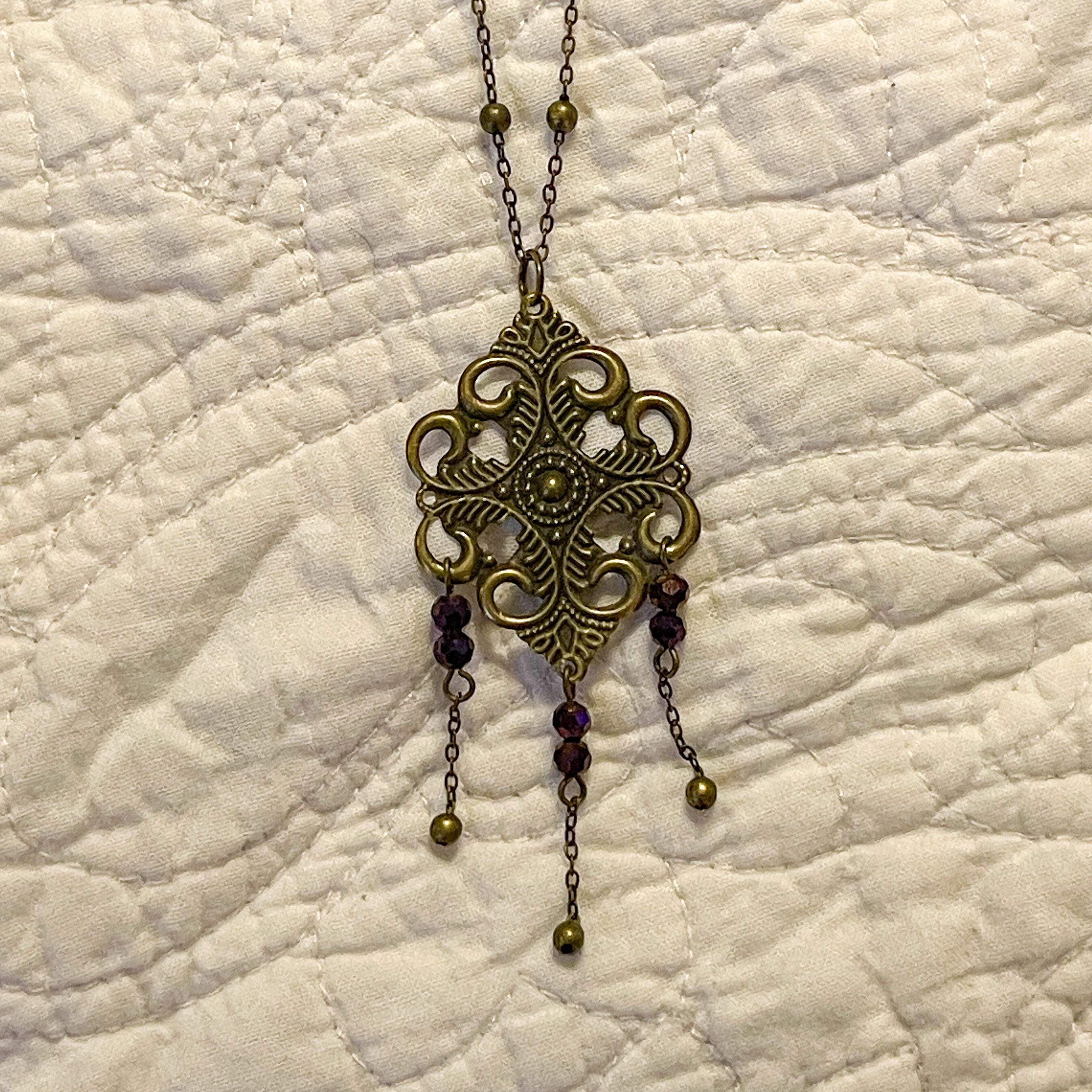 Vintage Art Nouveau Inspired Floral Filigree Bronze Necklace with Three Chain Multicolored Reflective Beaded Drops