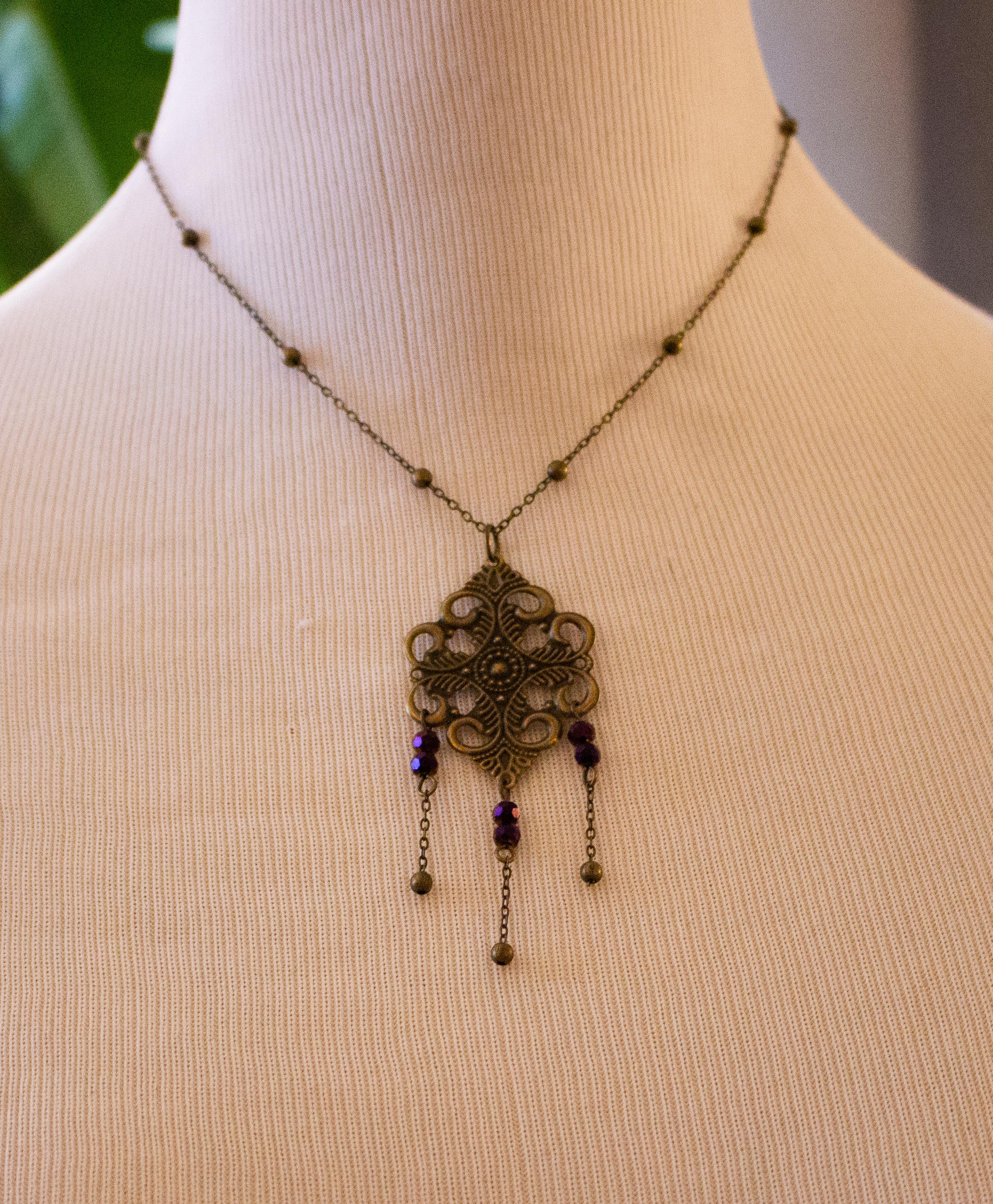 Vintage Art Nouveau Inspired Floral Filigree Bronze Necklace with Three Chain Multicolored Reflective Beaded Drops