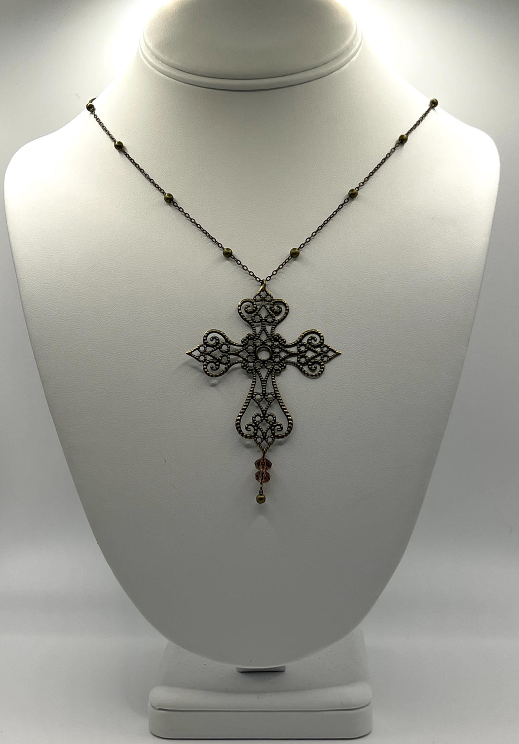Vintage Art Nouveau Inspired Bronze Filigree Cross Necklace with Purple Bead Drop