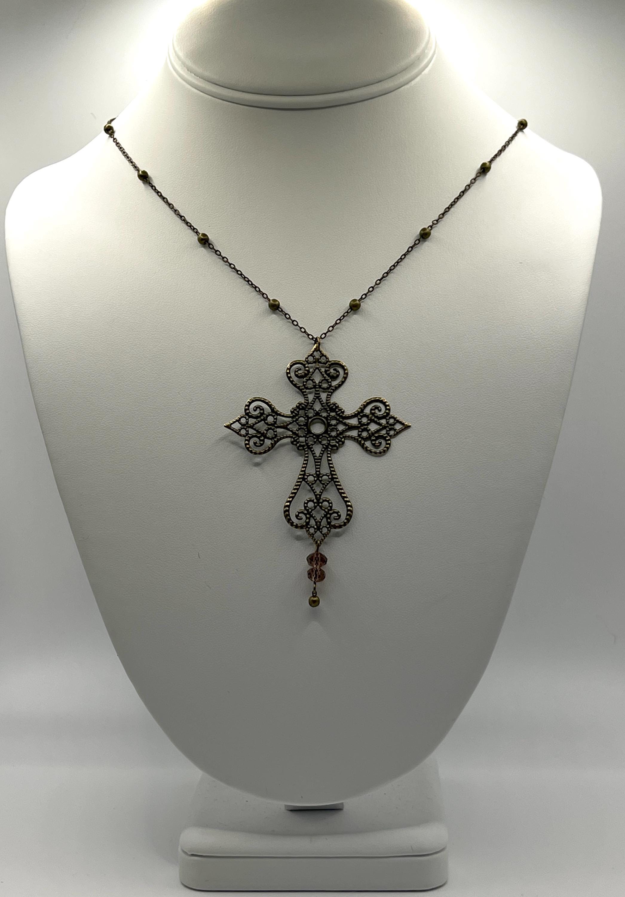 Vintage Art Nouveau Inspired Bronze Filigree Cross Necklace with Purple Bead Drop