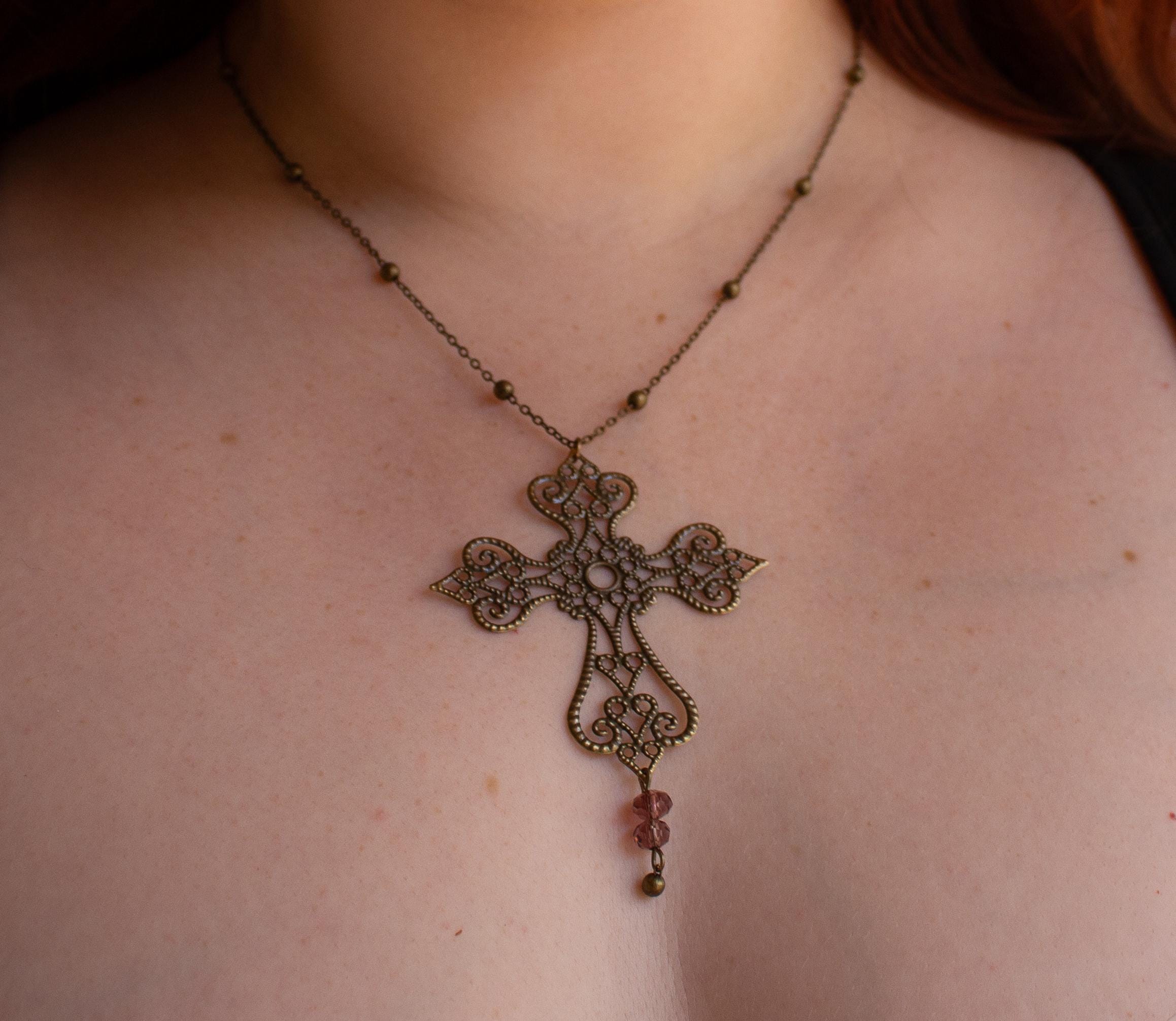 Vintage Art Nouveau Inspired Bronze Filigree Cross Necklace with Purple Bead Drop