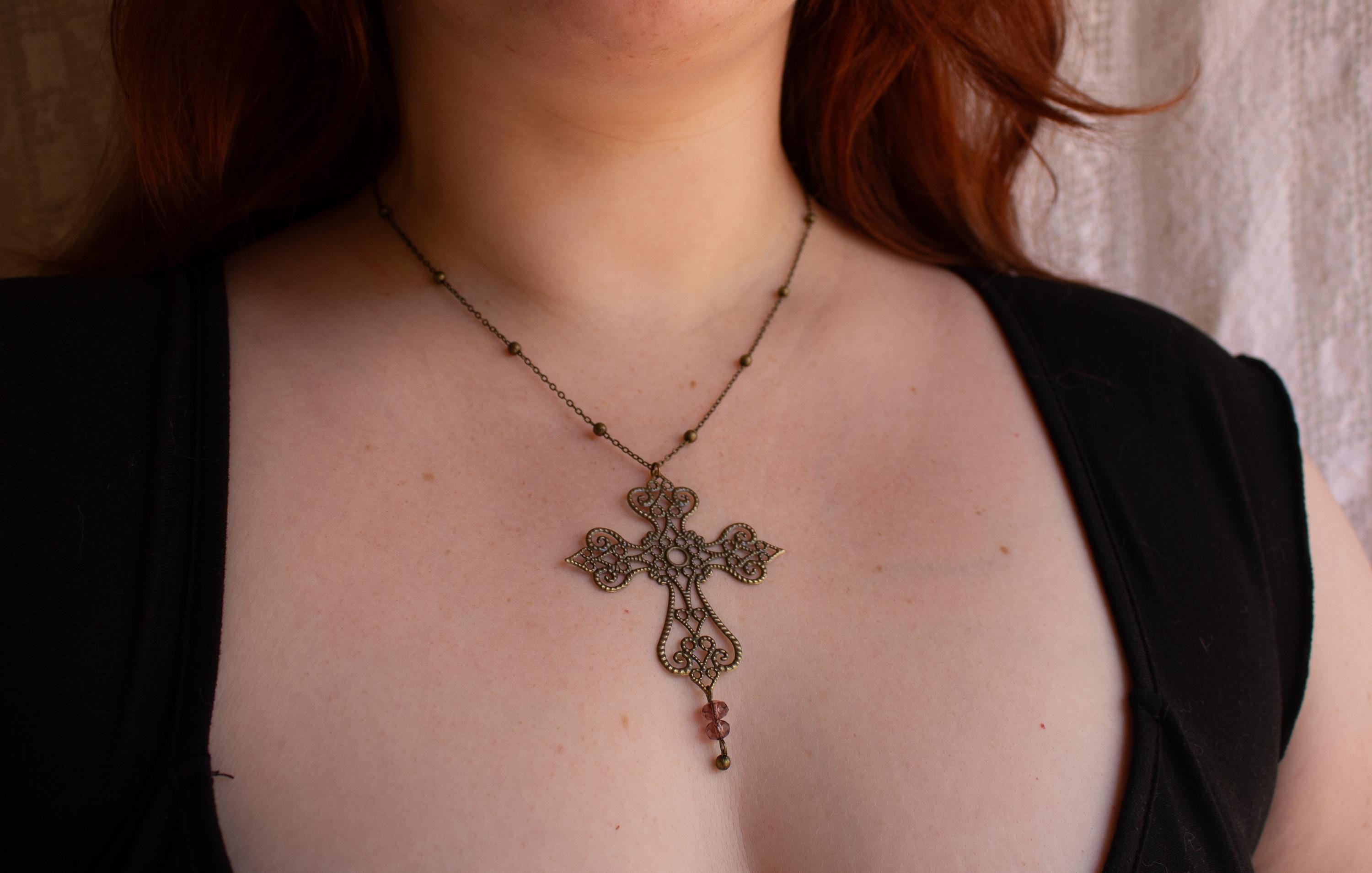 Vintage Art Nouveau Inspired Bronze Filigree Cross Necklace with Purple Bead Drop