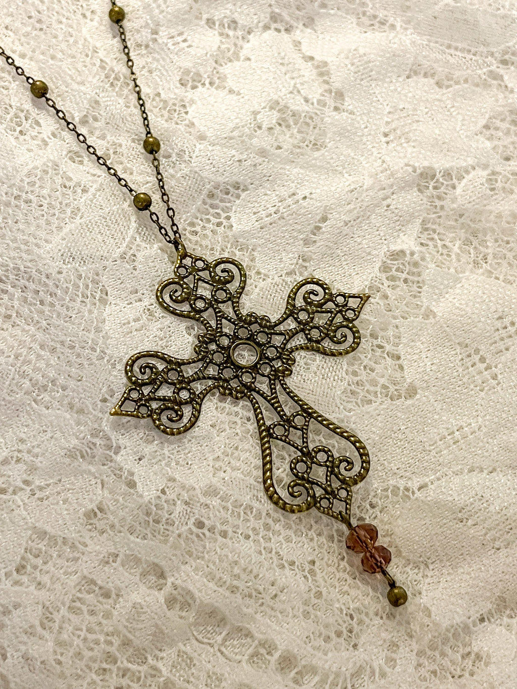 Vintage Art Nouveau Inspired Bronze Filigree Cross Necklace with Purple Bead Drop