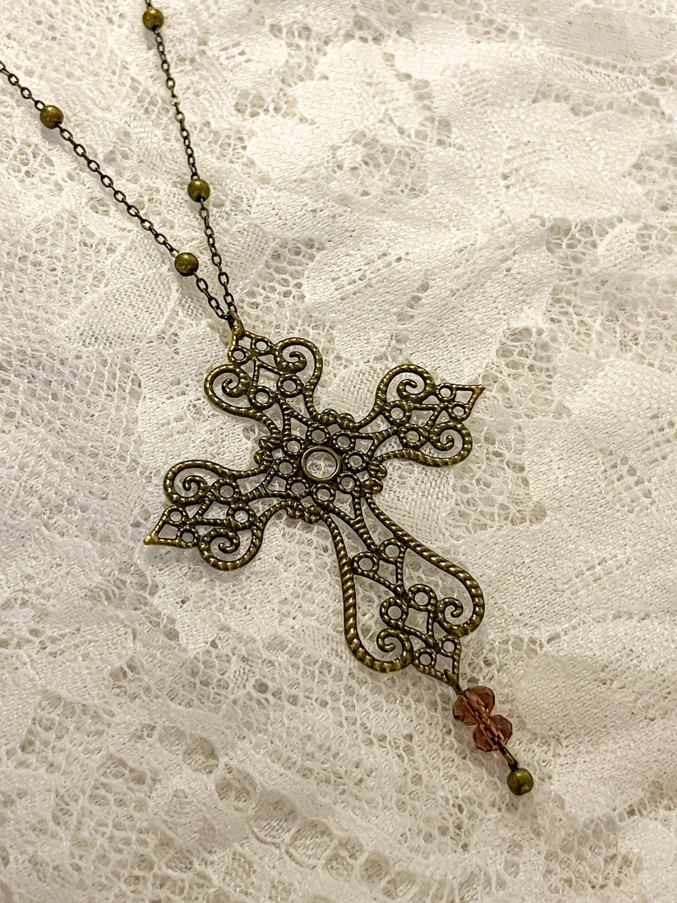 Vintage Art Nouveau Inspired Bronze Filigree Cross Necklace with Purple Bead Drop