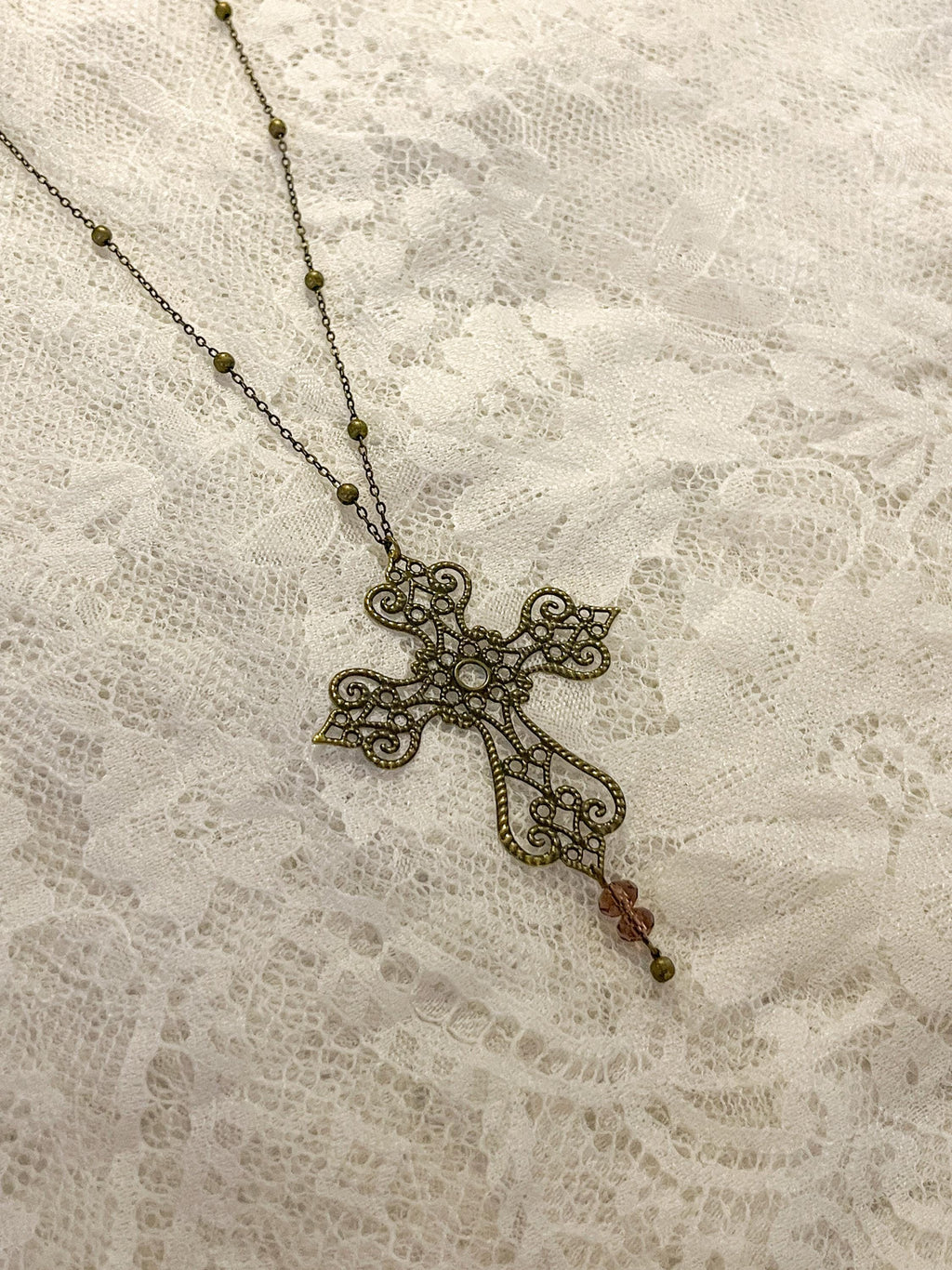Vintage Art Nouveau Inspired Bronze Filigree Cross Necklace ⋆ Three Purple Bead Drop Pendant ⋆