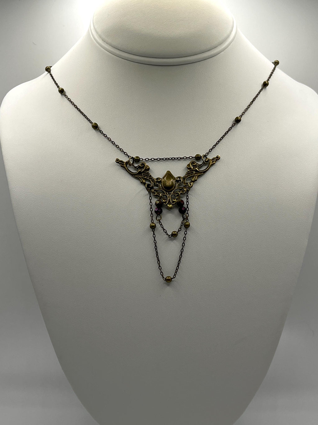 Vintage Art Nouveau Inspired Bronze Filigree Necklace with Two Chain Loops and Dark Purple Reflective Beads