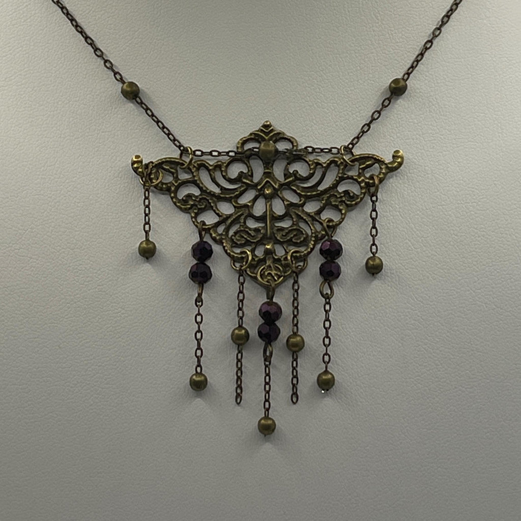 Vintage Art Nouveau Inspired Bronze Filigree Necklace with Chain and Dark Purple Reflective Bead Drops