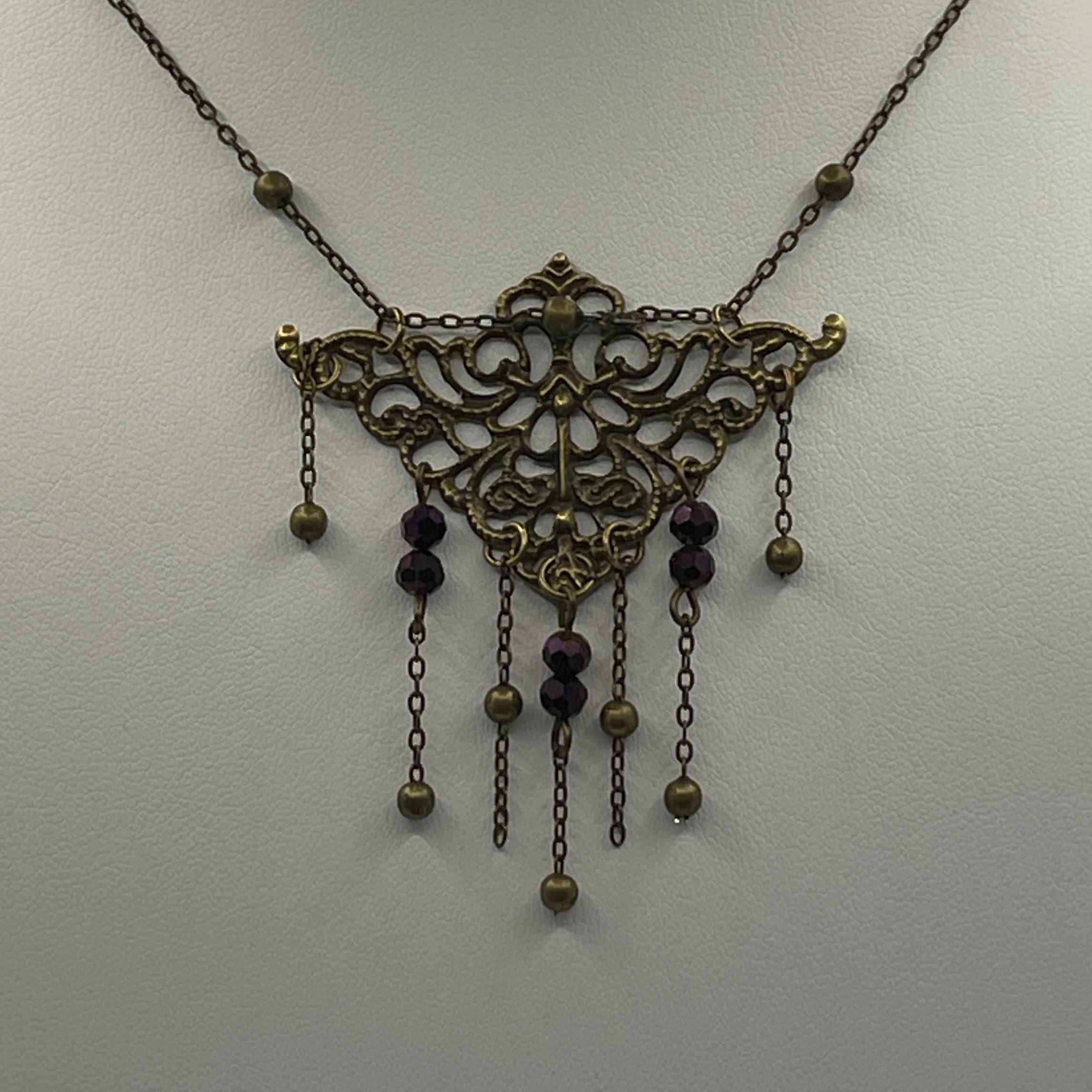 Vintage Art Nouveau Inspired Bronze Filigree Necklace with Chain and Dark Purple Reflective Bead Drops