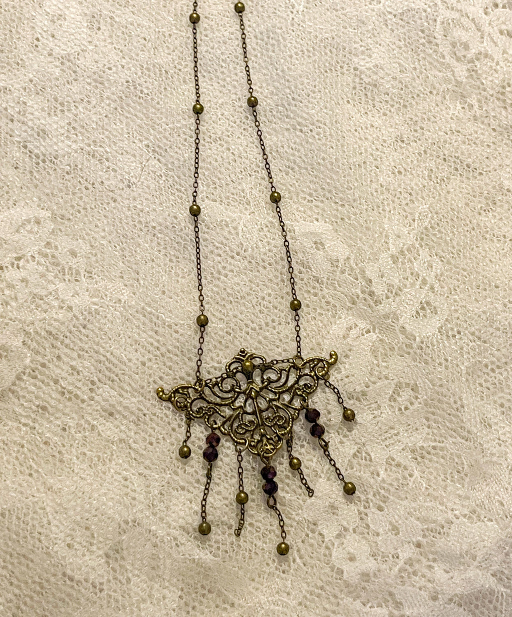 Vintage Art Nouveau Inspired Bronze Filigree Necklace with Chain and Dark Purple Reflective Bead Drops