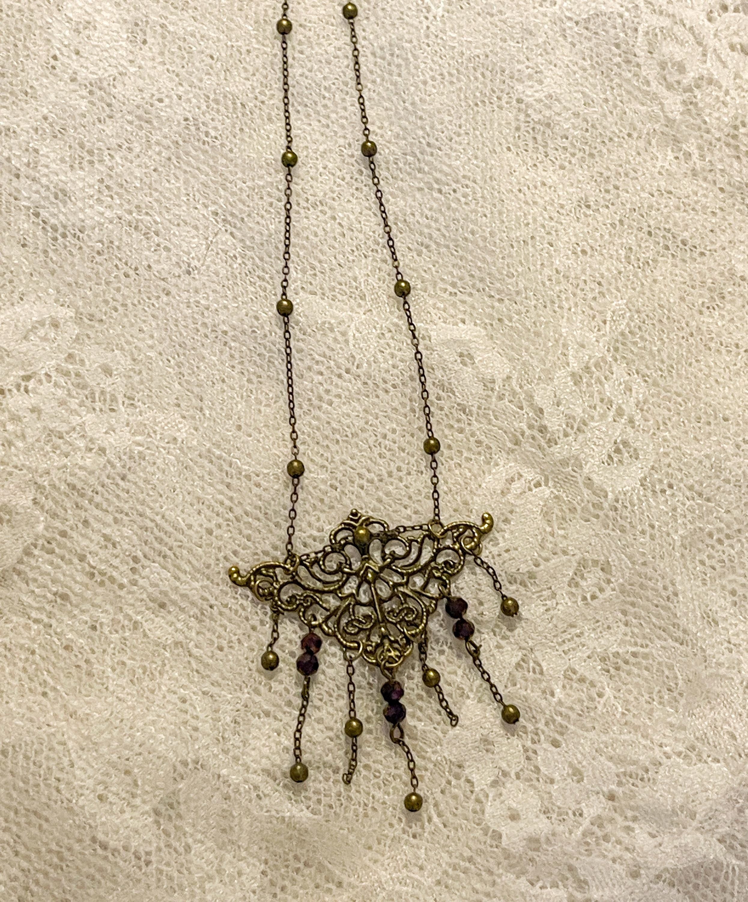 Vintage Art Nouveau Inspired Bronze Filigree Necklace with Chain and Dark Purple Reflective Bead Drops