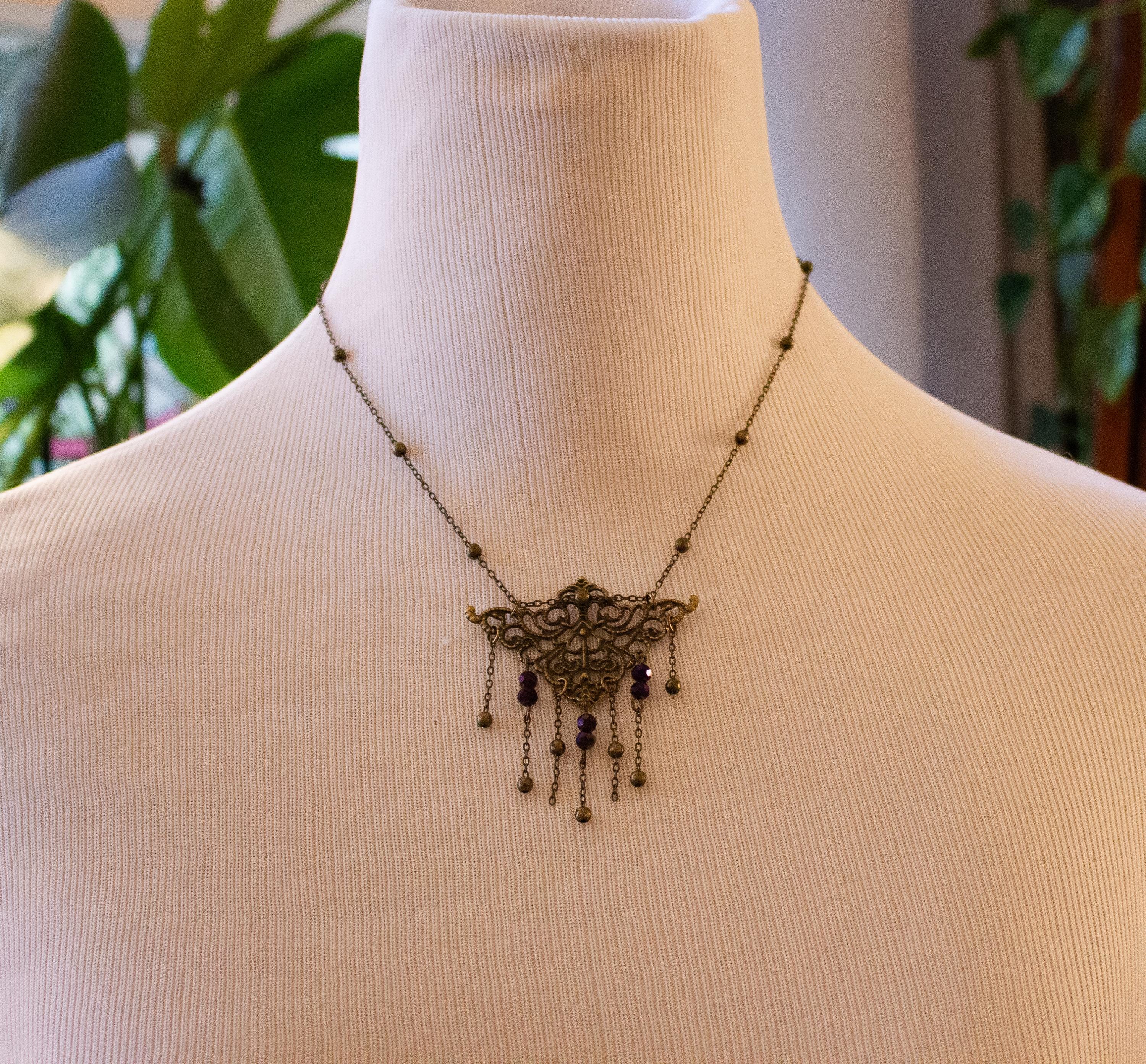 Vintage Art Nouveau Inspired Bronze Filigree Necklace with Chain and Dark Purple Reflective Bead Drops