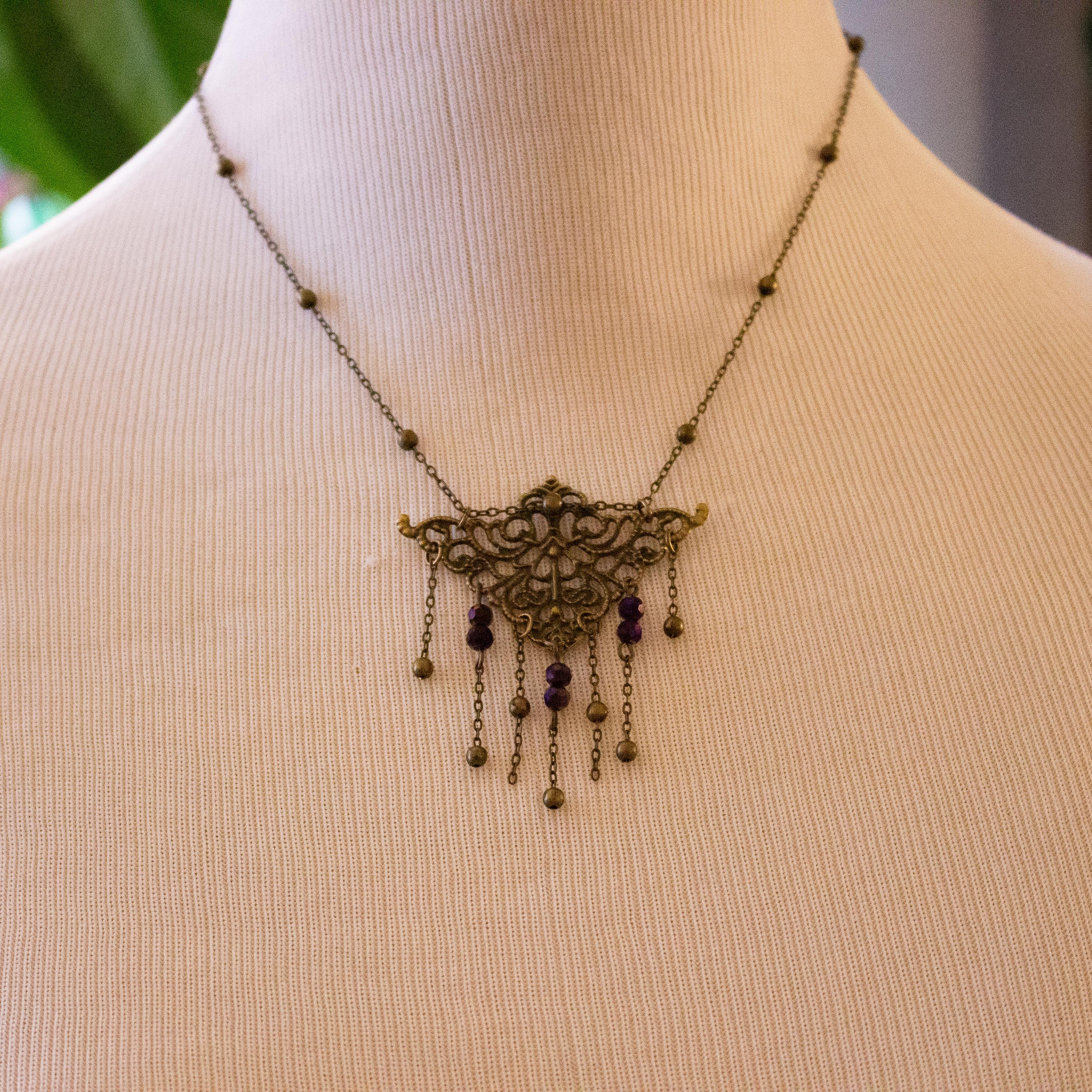 Vintage Art Nouveau Inspired Bronze Filigree Necklace with Chain and Dark Purple Reflective Bead Drops