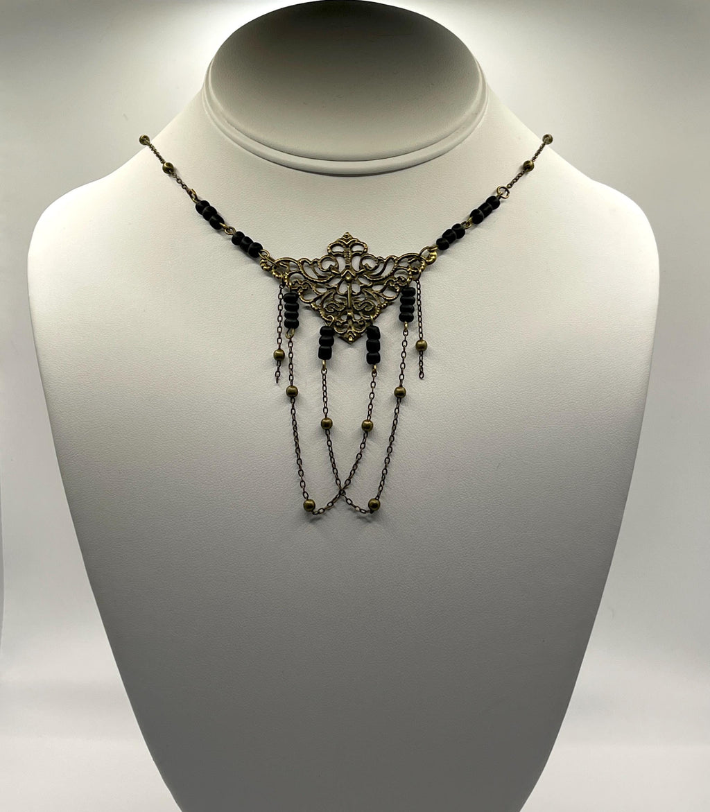 Vintage Art Nouveau Inspired Handmade Beaded Necklace with Bead and Chain Loops