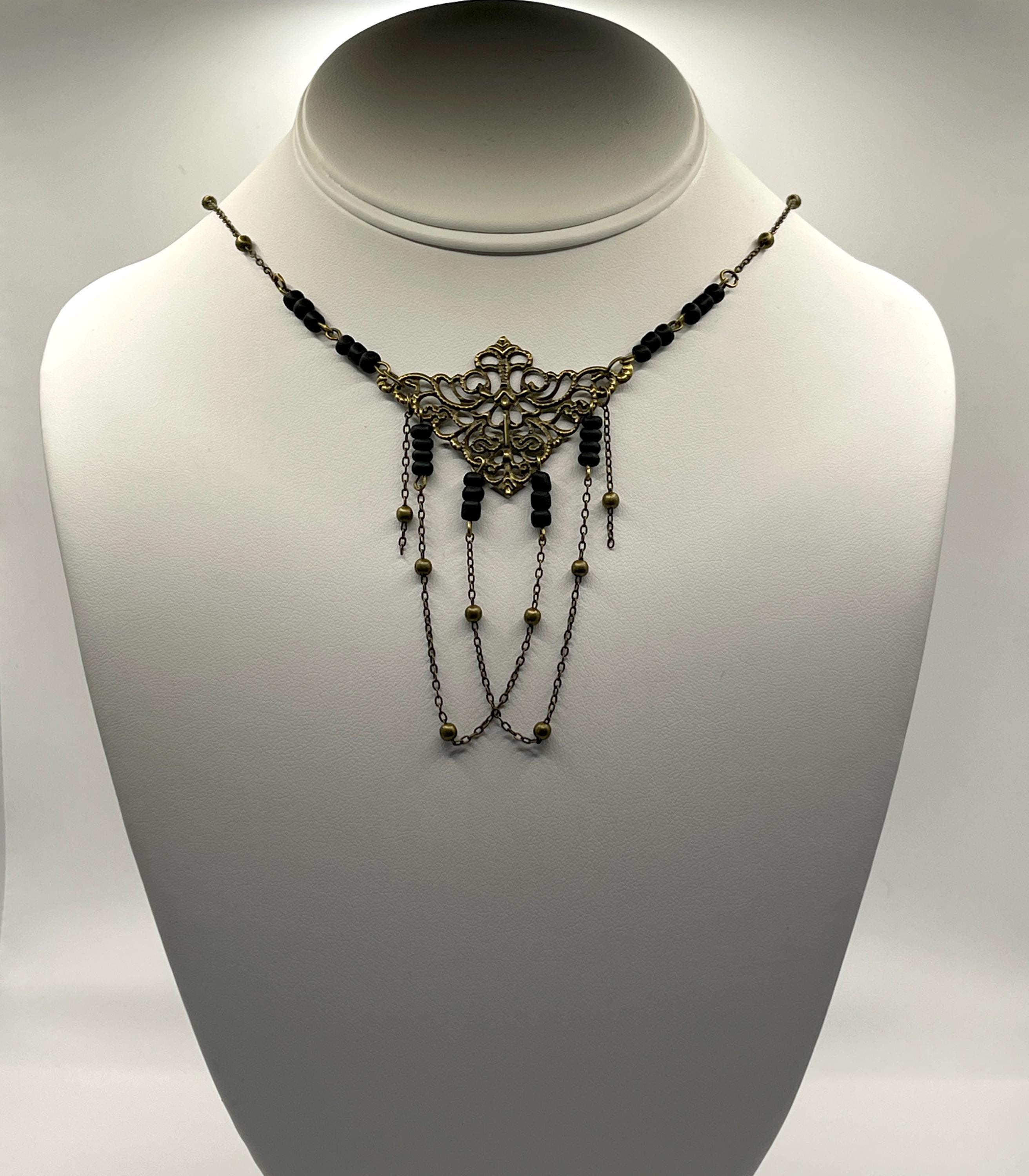 Vintage Art Nouveau Inspired Handmade Beaded Necklace with Bead and Chain Loops