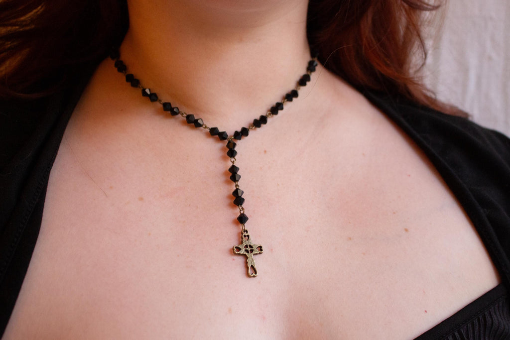 Vintage Inspired Black Glass Beaded Rosary Necklace ⋆ Bronze Cross Pendant Drop ⋆ Gothic Victorian Statement Jewelry