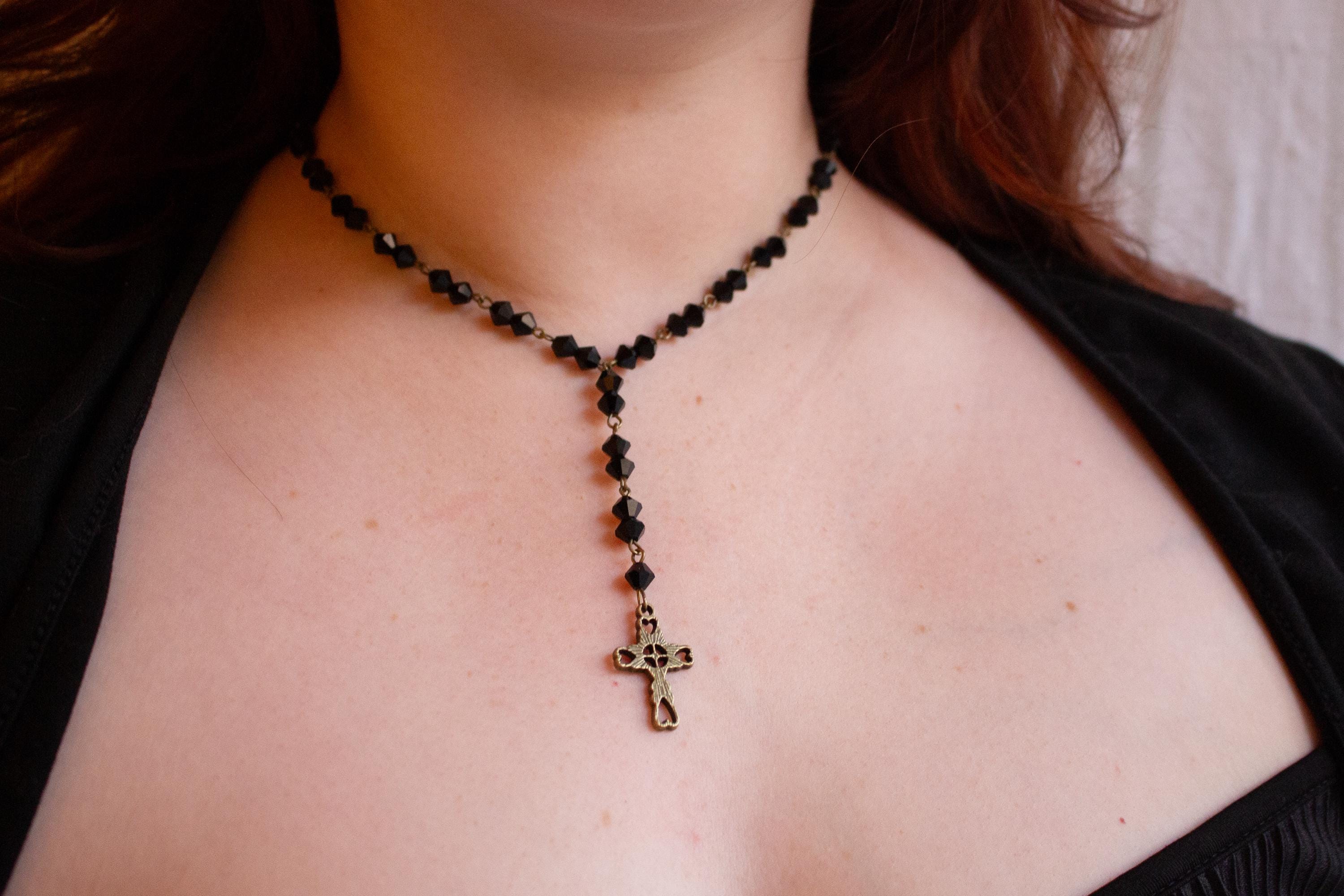 Vintage Inspired Black Glass Beaded Rosary Necklace ⋆ Bronze Cross Pendant Drop ⋆ Gothic Victorian Statement Jewelry