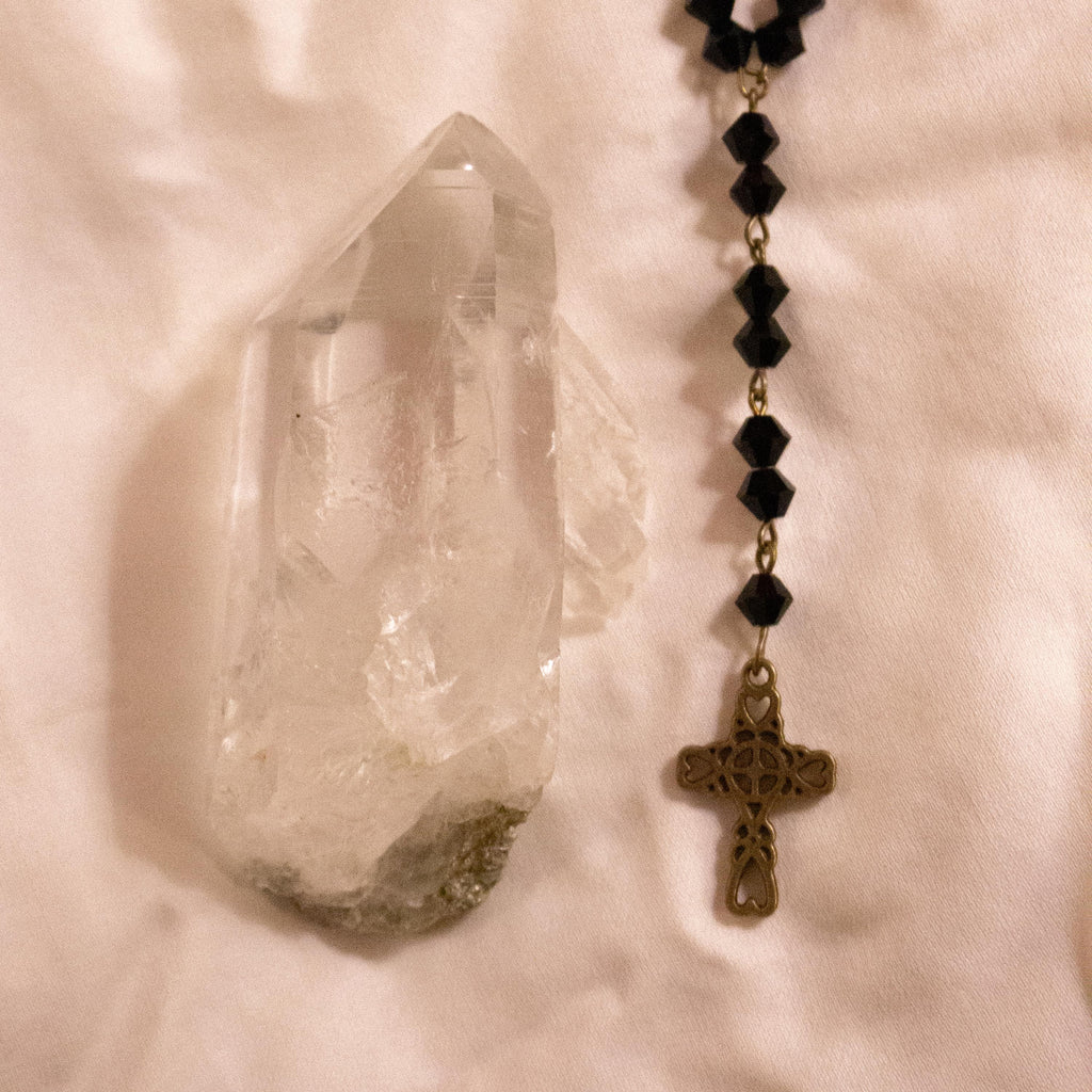 Vintage Inspired Black Glass Beaded Rosary Necklace ⋆ Bronze Cross Pendant Drop ⋆ Gothic Victorian Statement Jewelry