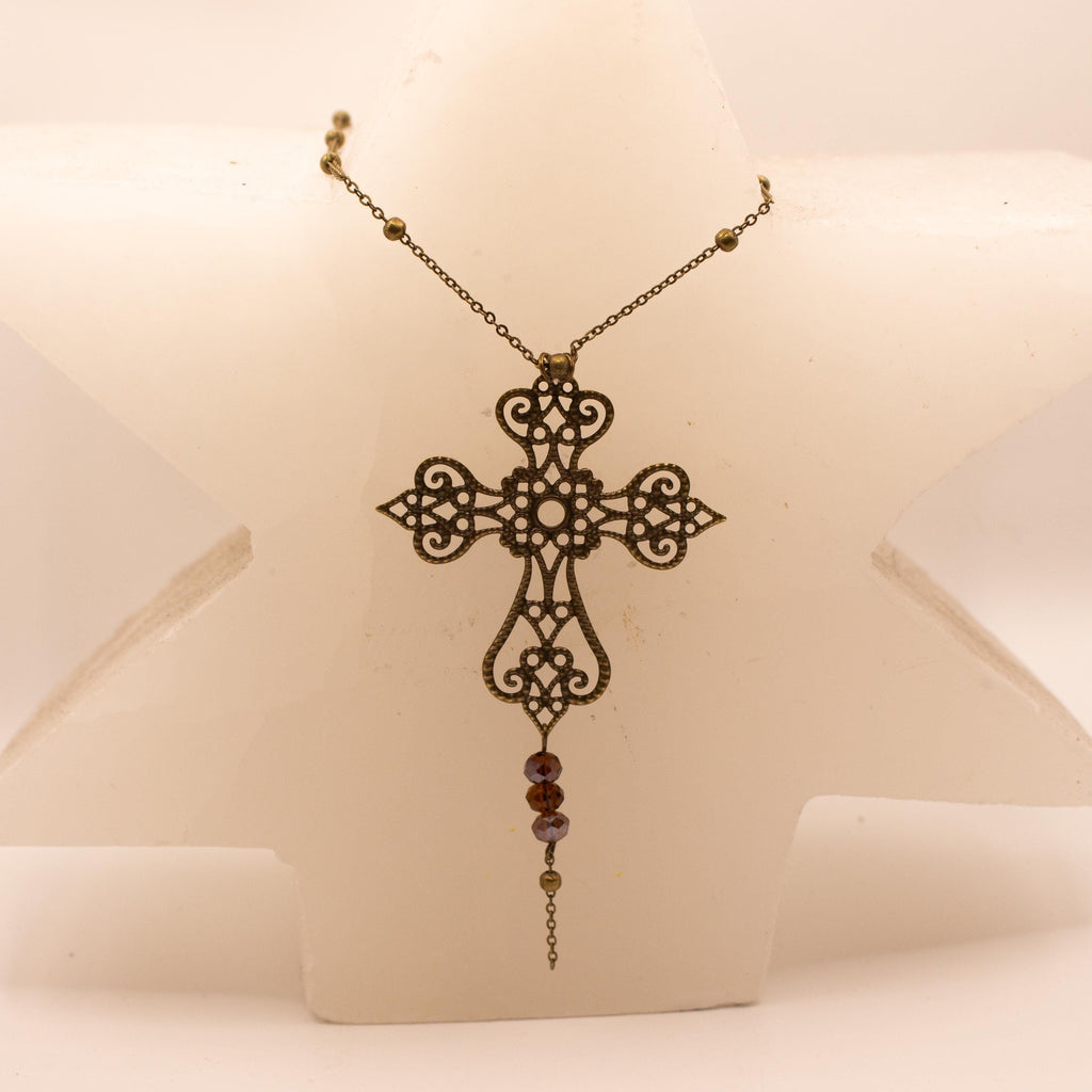 Vintage Art Nouveau Inspired Bronze Filigree Cross Necklace ⋆ Three Purple Bead Drop Pendant
