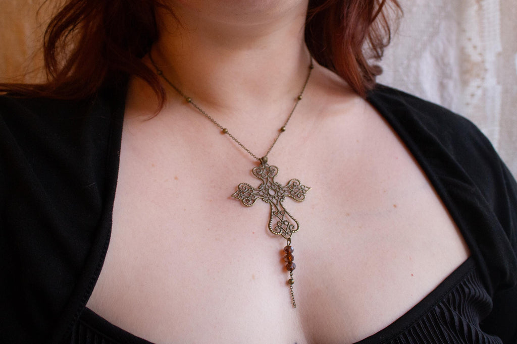 Vintage Art Nouveau Inspired Bronze Filigree Cross Necklace ⋆ Three Purple Bead Drop Pendant