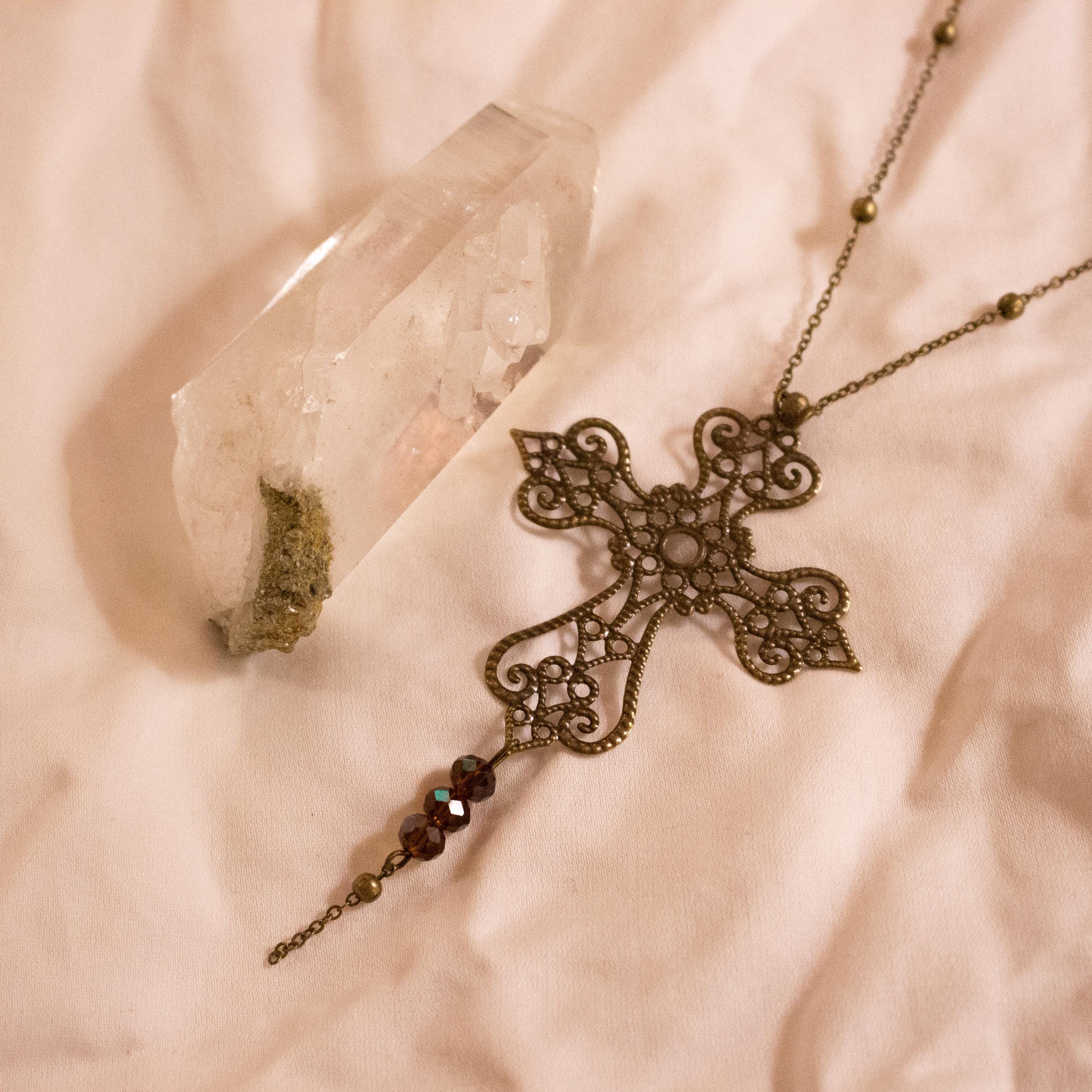 Vintage Art Nouveau Inspired Bronze Filigree Cross Necklace ⋆ Three Purple Bead Drop Pendant