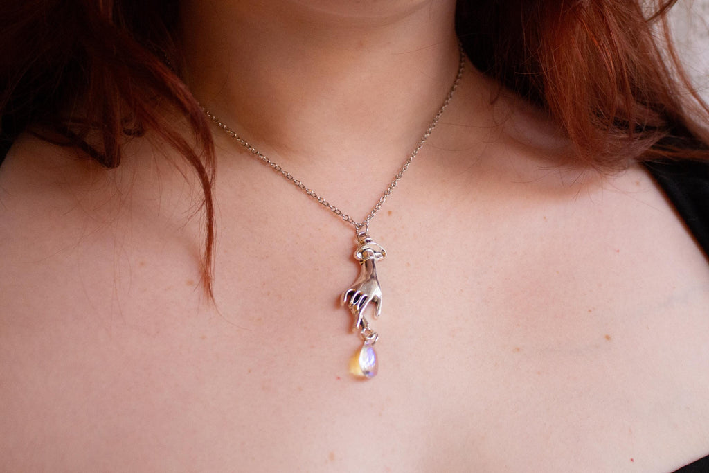 Vintage Inspired Sterling Silver Necklace ⋆ Hand Pendant with Iridescent Drop Bead
