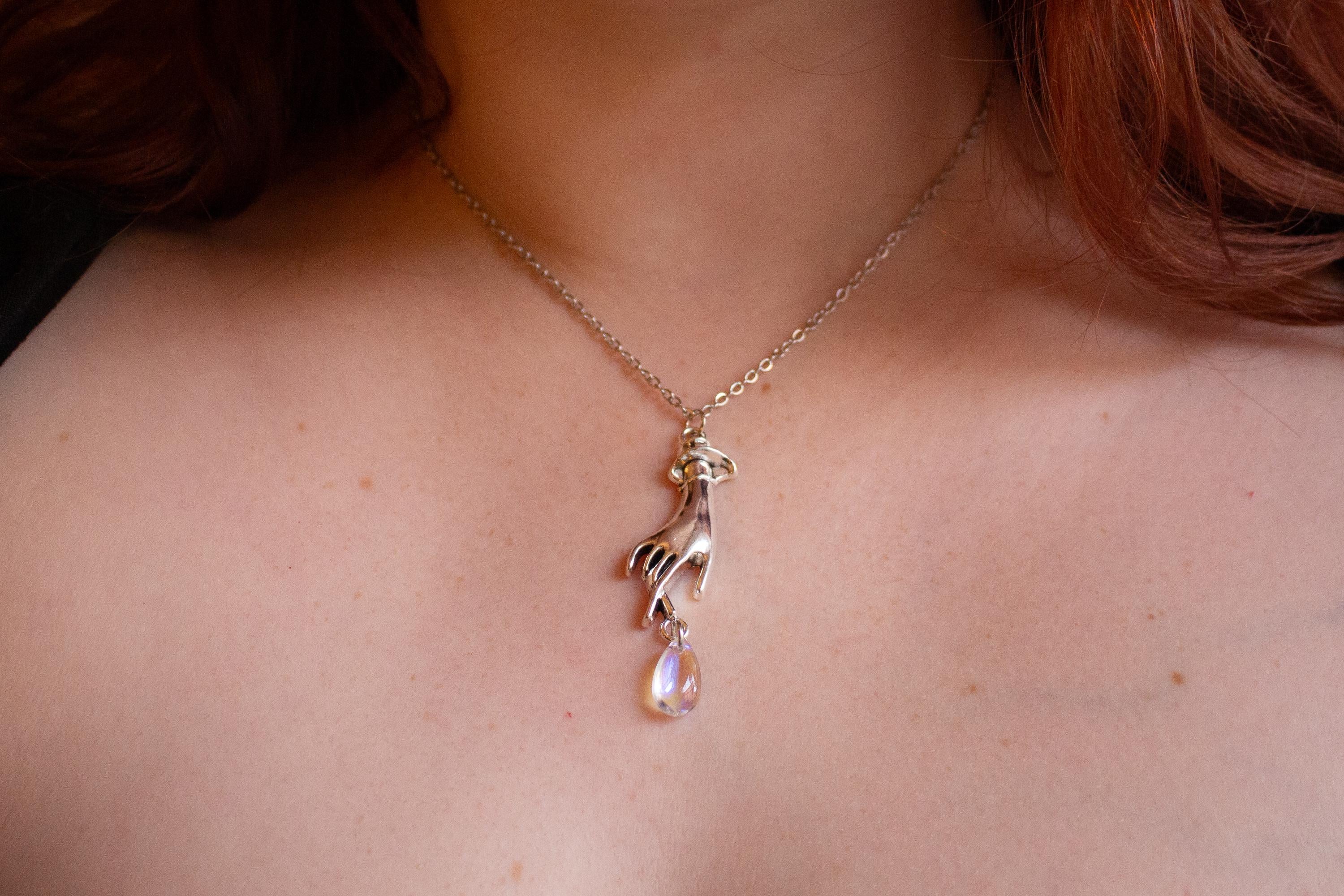 Vintage Inspired Sterling Silver Necklace ⋆ Hand Pendant with Iridescent Drop Bead