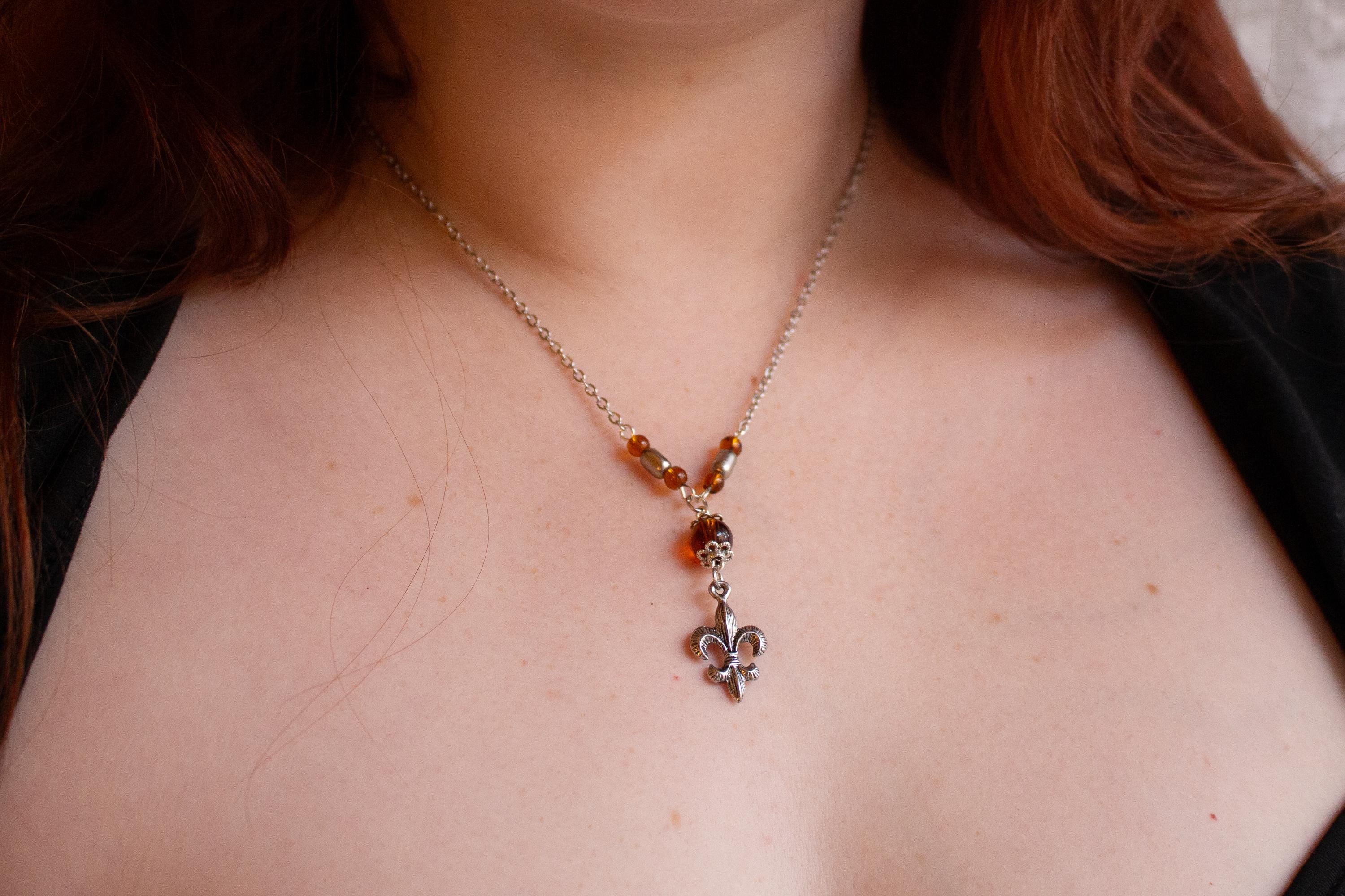 Vintage Inspired Sterling Silver Necklace ⋆ Fleur-de-Lis Pendant with Orange Beads